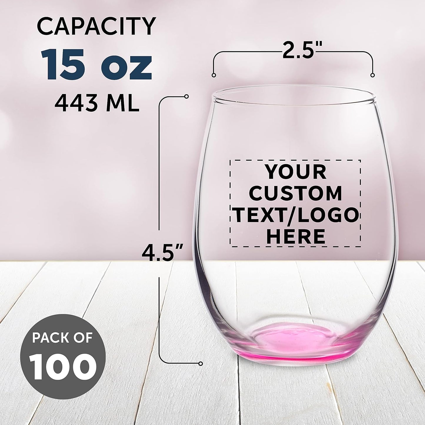 Custom Stemless Wine Glasses in Bulk by ARC Perfection, 15 oz, 100 pack, Personalized Text, Logo, Red or White Wine Glass Set, Pink