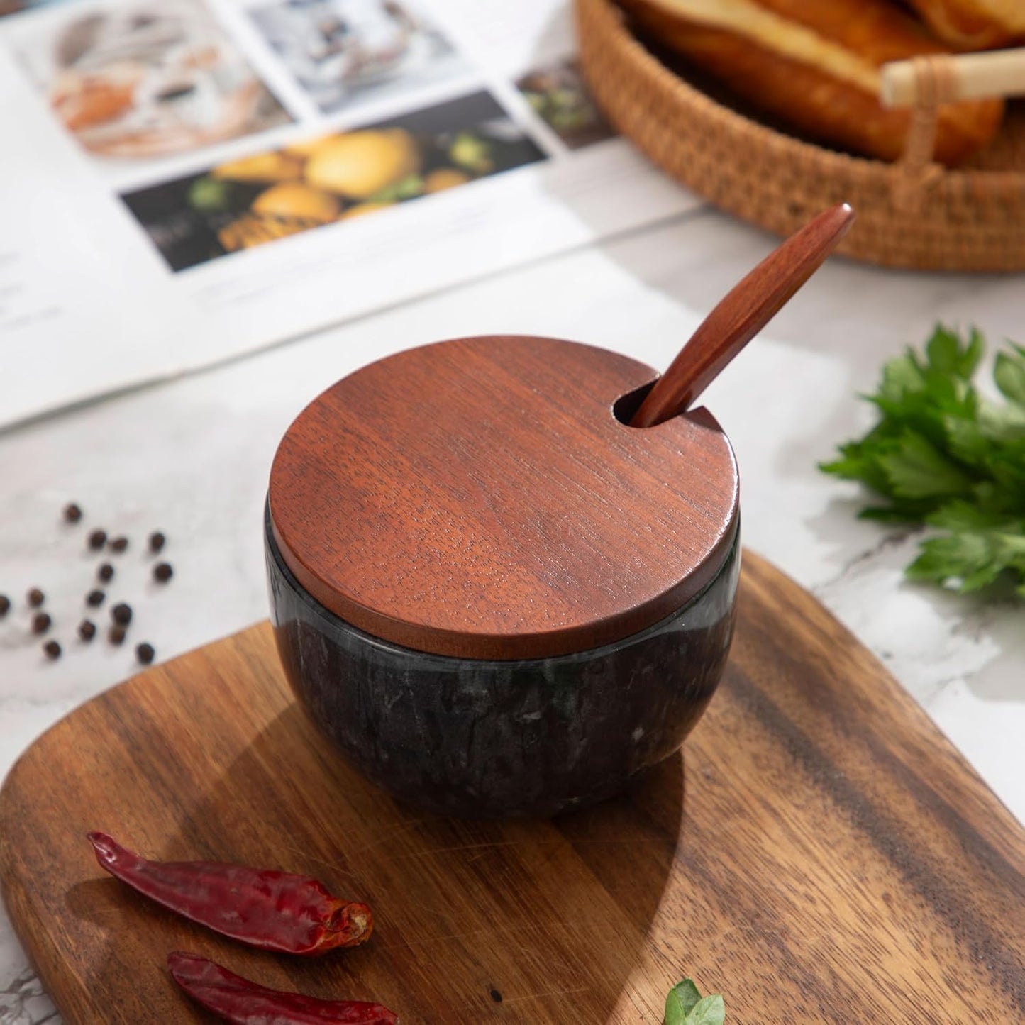 Marble Salt Cellar with Lid & Spoon, 11oz Salt and Pepper bowls, Handcrafted from Natural Marble, Smooth Inside (black bowl)