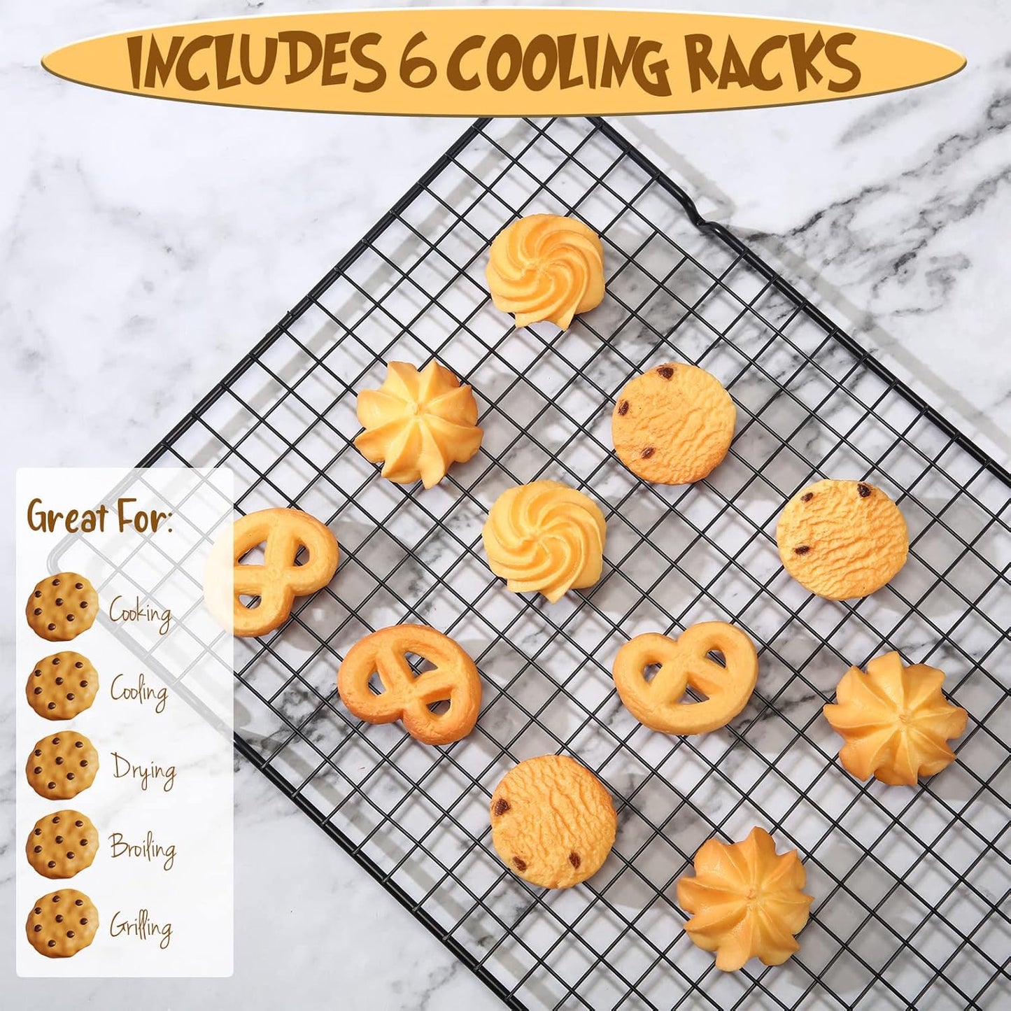 Harloon 6 Pieces Cooling Racks for Cooking and Baking Oven Safe Grid Wire Set Heavy Duty Carbon Steel Nonstick Baking Rack for Roasting Cooking Grilling Drying (16 x 9.8 Inches)