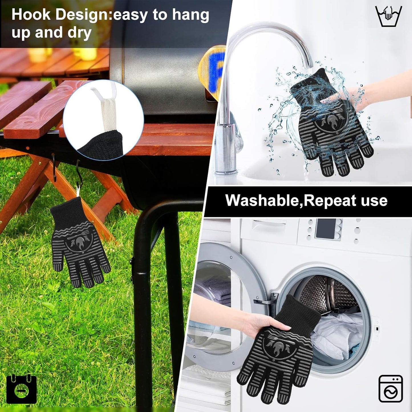 BBQ Gloves, 1472°F Extreme Heat Resistant Grill Gloves, Non-Slip Food Grade Silicone Oven Mitts for Kitchen, Cooking, Barbecue, Baking, Smoker Gray(11inch)