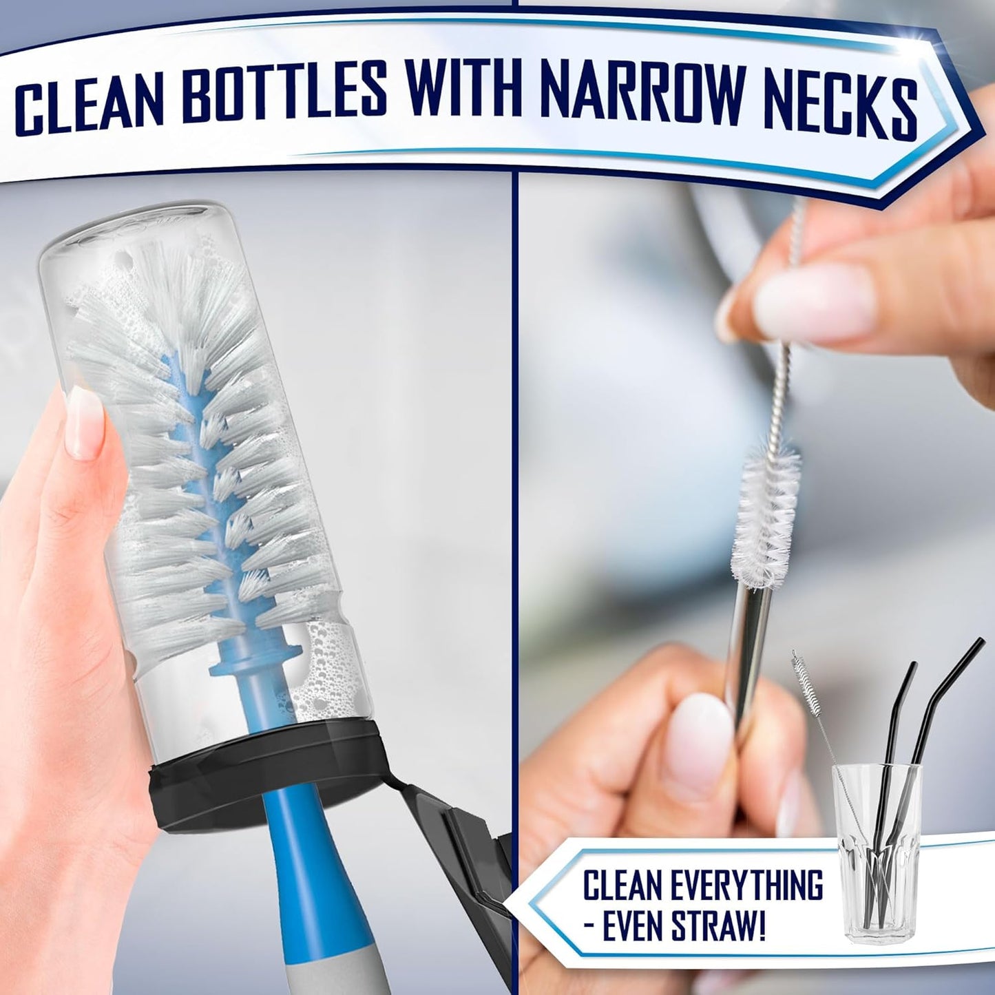 Dish Brush Set of 4 - Kitchen Scrub Brushes with Non-Slip Long Handle for Cleaning, Scrubber, Dishwashing, Dishes, Bottles, Straws, Cups, Pots & Sink, Blue