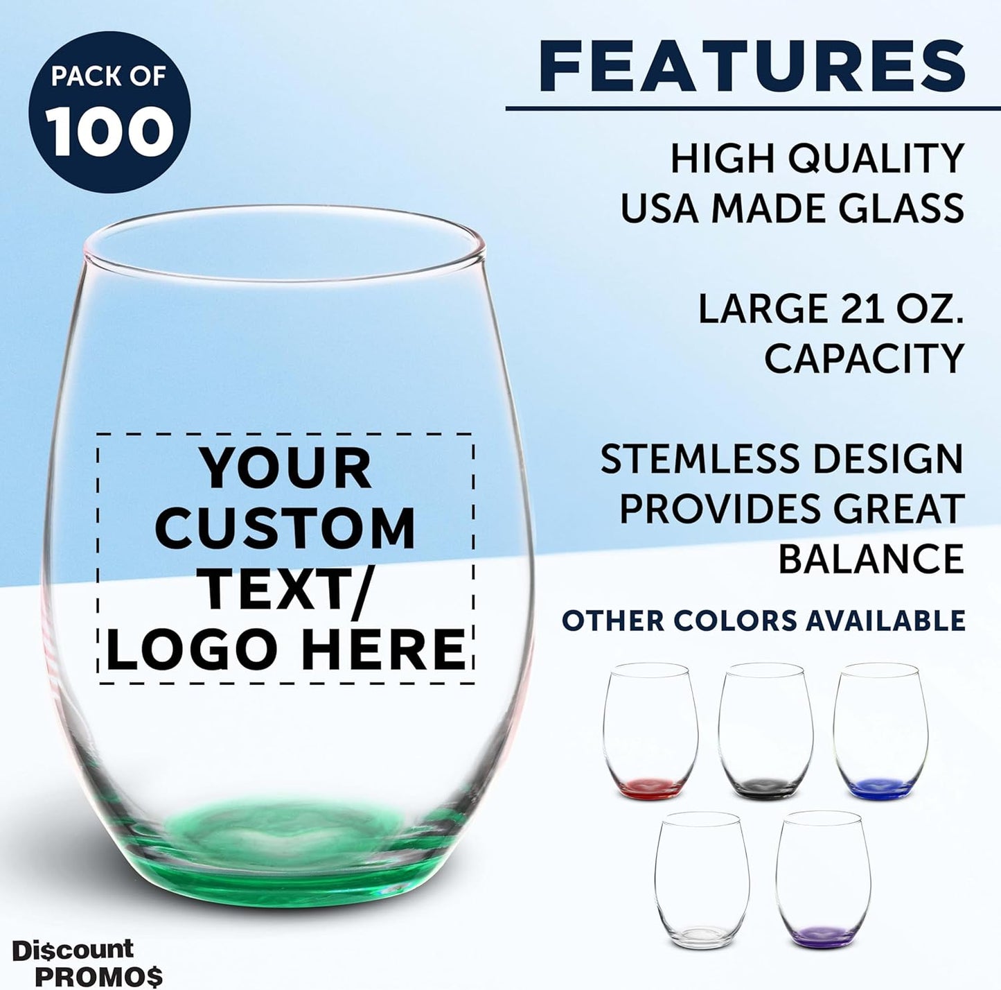 DISCOUNT PROMOS 100 ARC Stemless Wine Glasses Set, 21 oz. - Customizable Text, Logo - Chardonnay, Cabernet, Merlot, Sauvignon - Green