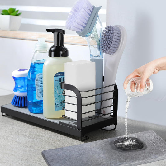 Wipe-Free Sink Organizer with Drying Stone, Instant Dry Sink Caddy Organizers, Kitchen Sponge Soap Holder Dispenser, Countertop Fast Drying Counter Tray Rack