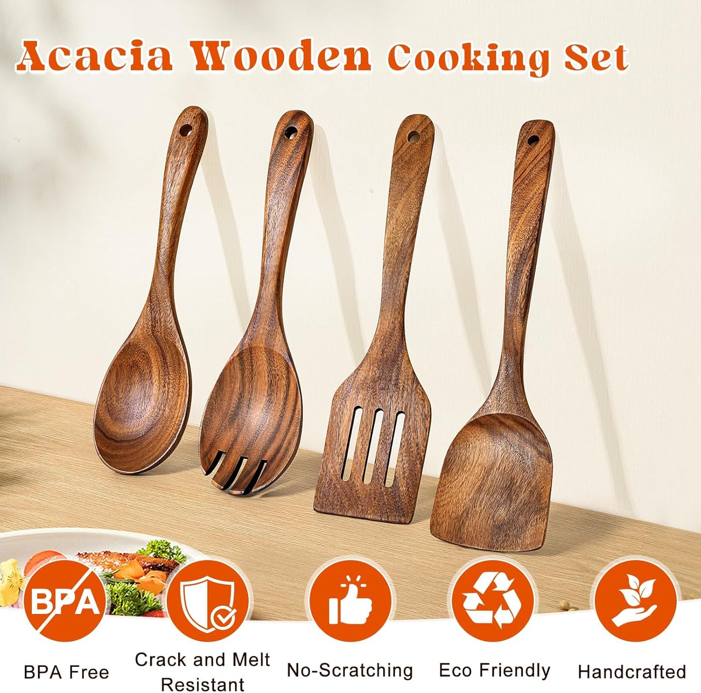 4Pcs Wooden Spoons for Cooking, Acacia Wood Kitchen Utensils Set for Nonstick Pans, Smooth Finish Cooking Utensils with Long Handle, Wooden Spatula for Cooking, Mixing, Baking