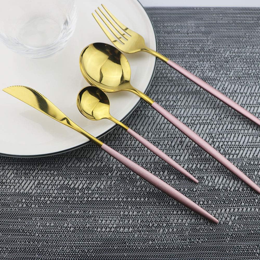 JASHII 30-Piece Stainless Steel Pink Gold Satin Finish Flatware Set - Mirror Polished Tableware Cutlery for Home and Restaurant - Dishwasher Safe