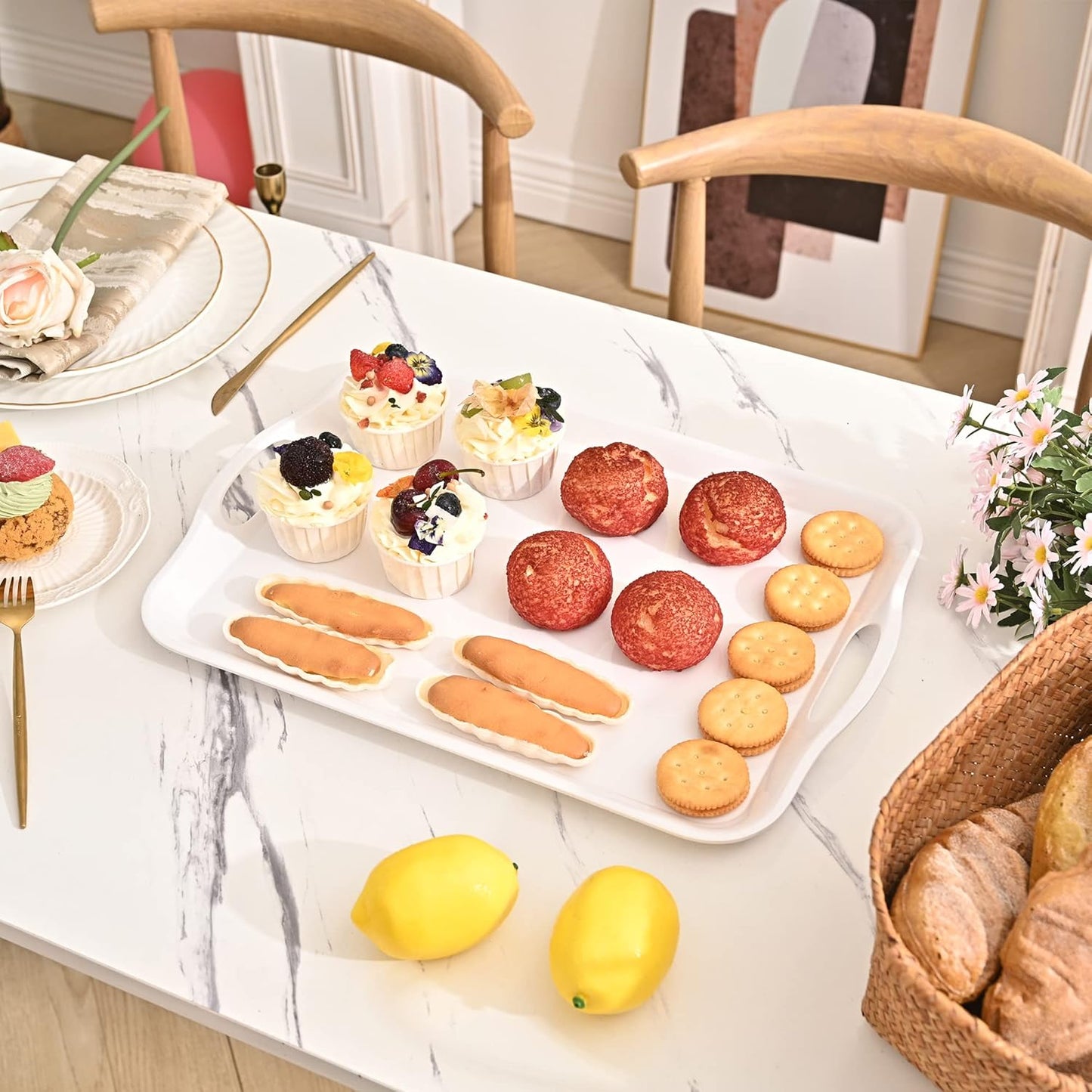 Blue Boat 16.5" x 11.5" Serving Trays Set of 2 White, Dinner Tray, Light Weight Easy to Clean Sturdy Stackable Melamine Serving Tray with Handle, Fruit, Snacks, and Desserts Trays