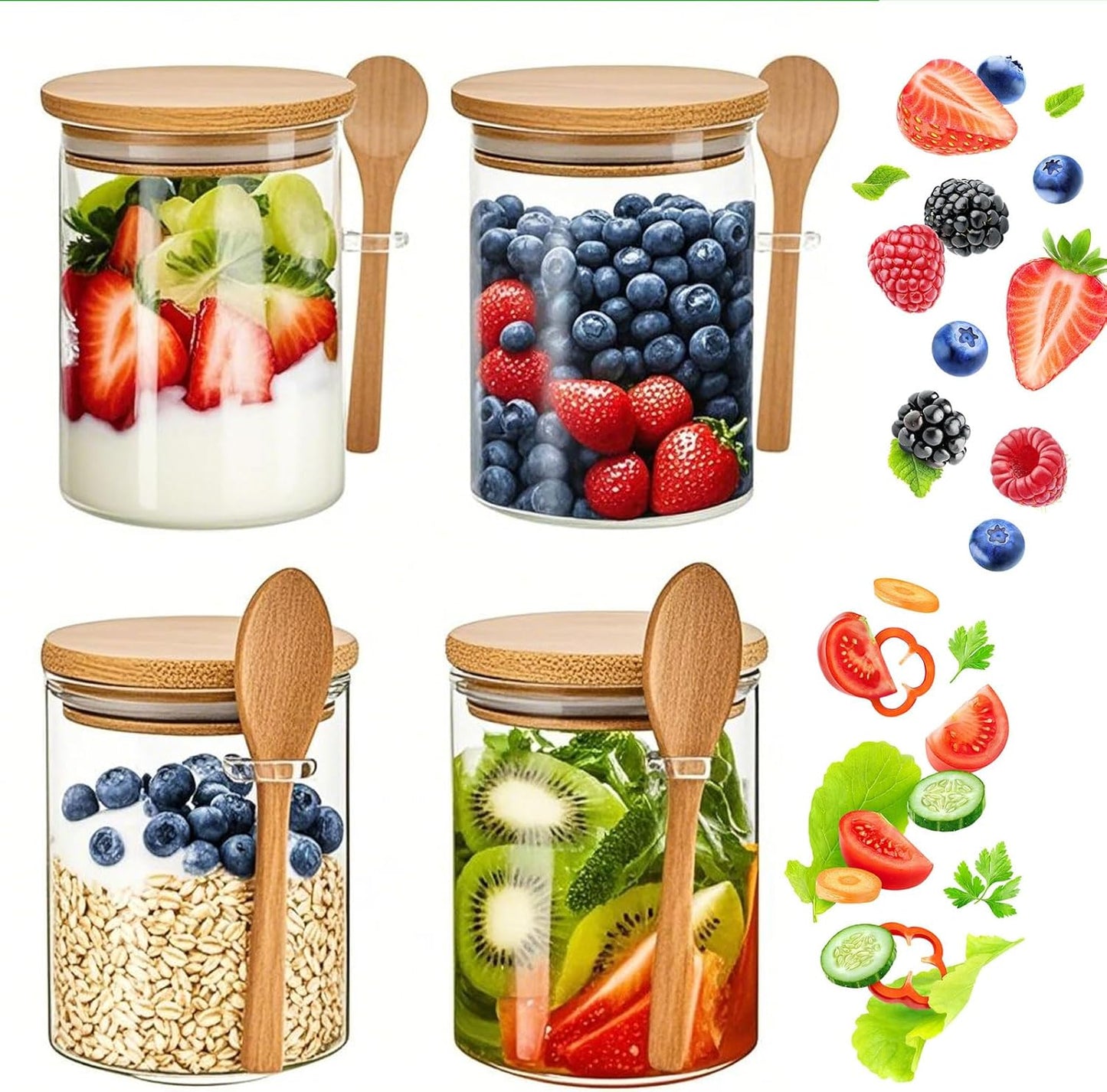 4-Pack 18.5oz Airtight Glass Meal Prep Containers with Lids – Overnight Oats Jars for Coffee, Nuts, Candy, Chia Seed Sugar & Pudding | Leakproof Borosilicate Glass Food Storage Jars