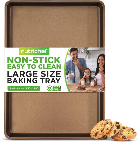 NutriChef Nonstick XL Cookie Sheet Baking Pan - Extra Large 22" x 16" Carbon Steel Oven Baking Sheet for Pastries, Desserts, & More - Dishwasher Safe, Gold