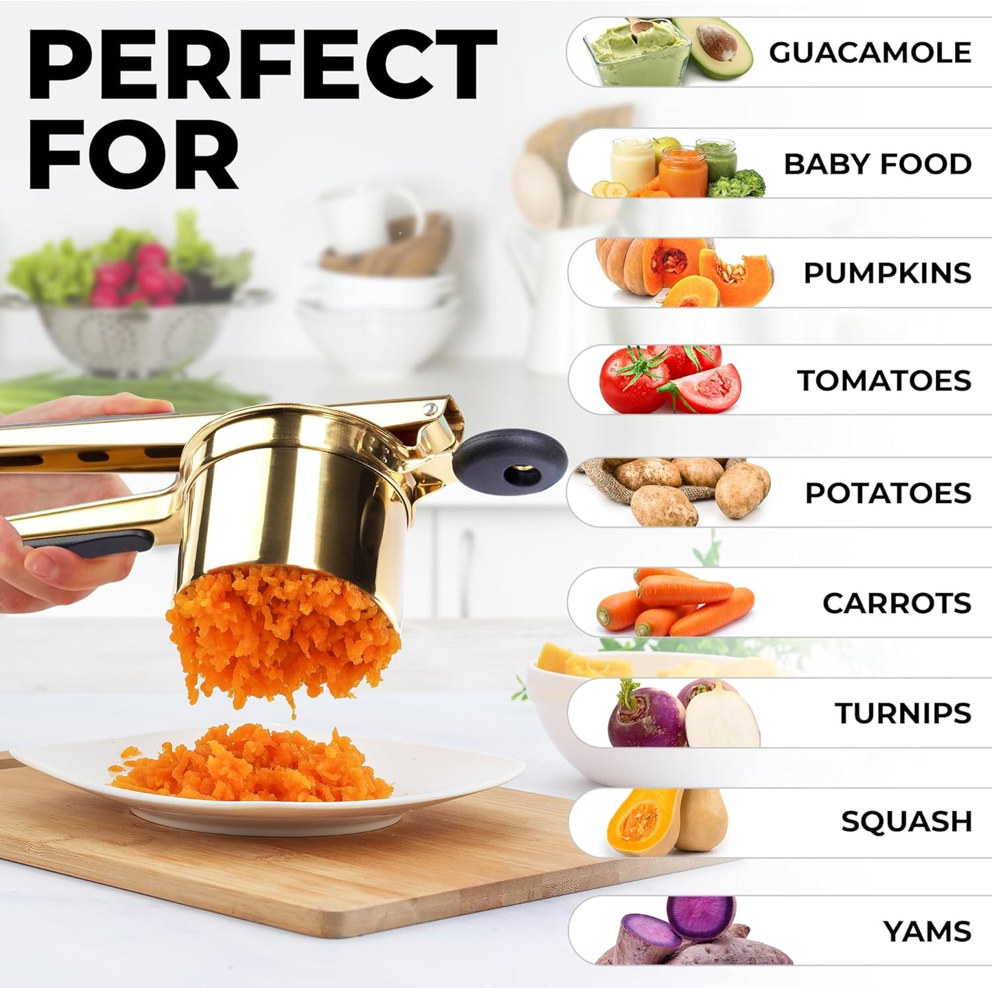 Zulay Kitchen Large 15oz Potato Ricer, Heavy Duty Stainless Steel Potato Masher and Ricer for Mashed Potatoes, Mashed Potato Masher & Potato Press Gadget for Perfect Mashed Potatoes - Gold/Black