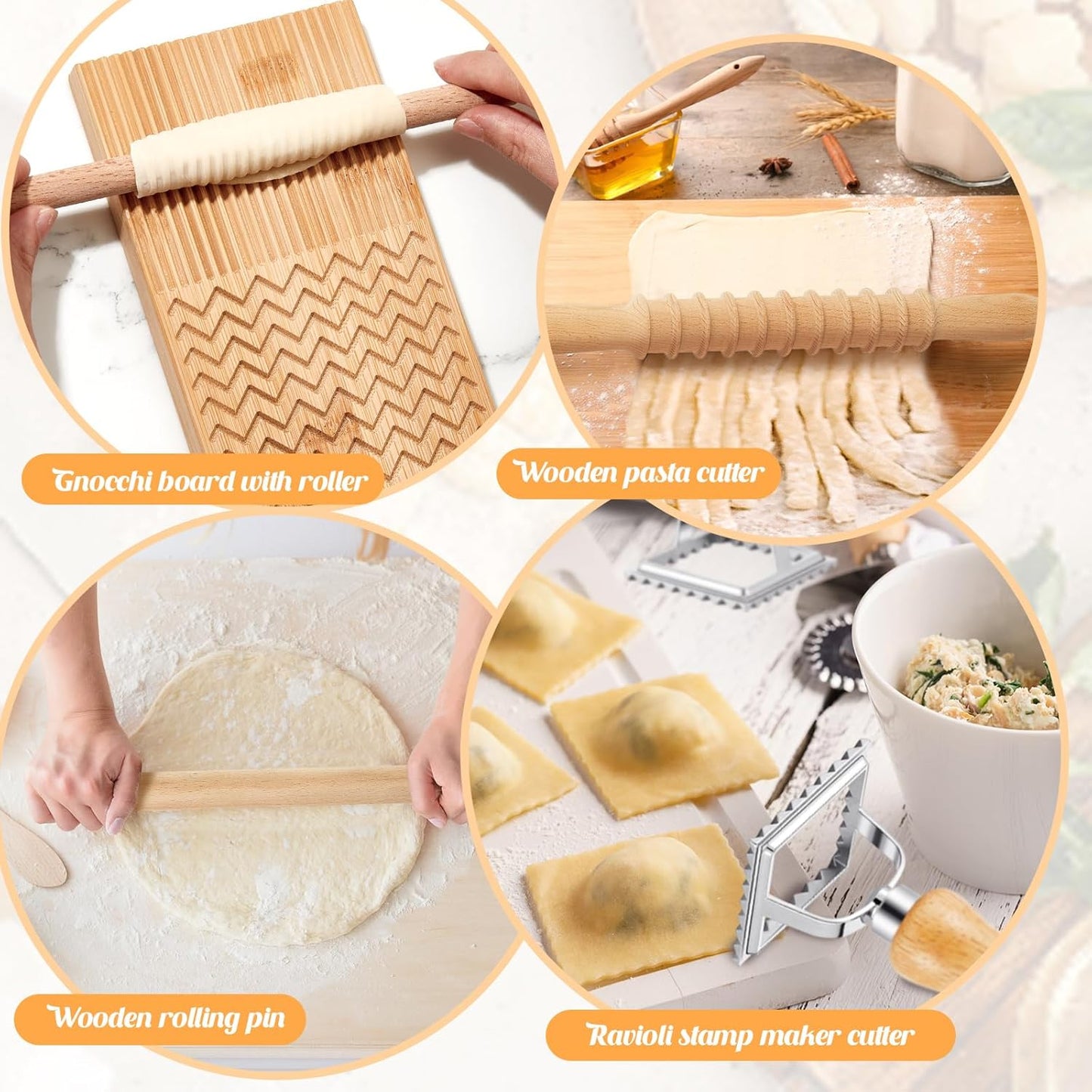 Tioncy 7 Pcs Gnocchi Pasta Making Tool, Wood Gnocchi Board with Ravioli Stamp and Rolling Pin Set Homemade Kitchen Gift for Baking Lovers(Plaid and Stripe Style)