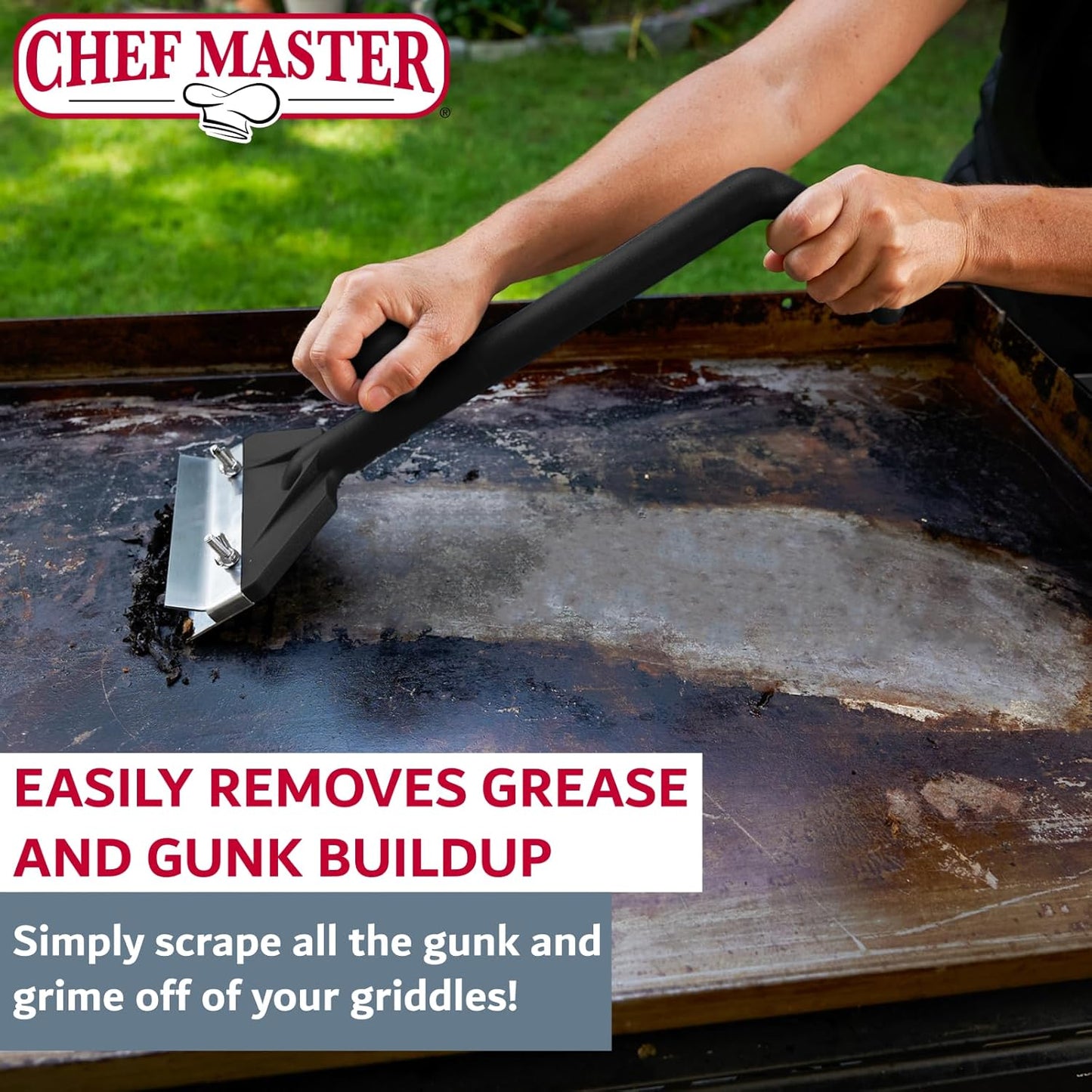 Chef Master Griddle Scraper w/Replacement Blade & Grill Scrubber Combo, Commercial Flat Iron Grill Griddle Scraper for Home, Diner, Bar & Restaurant, Flat Top Iron & Blackstone Accessories - 90254