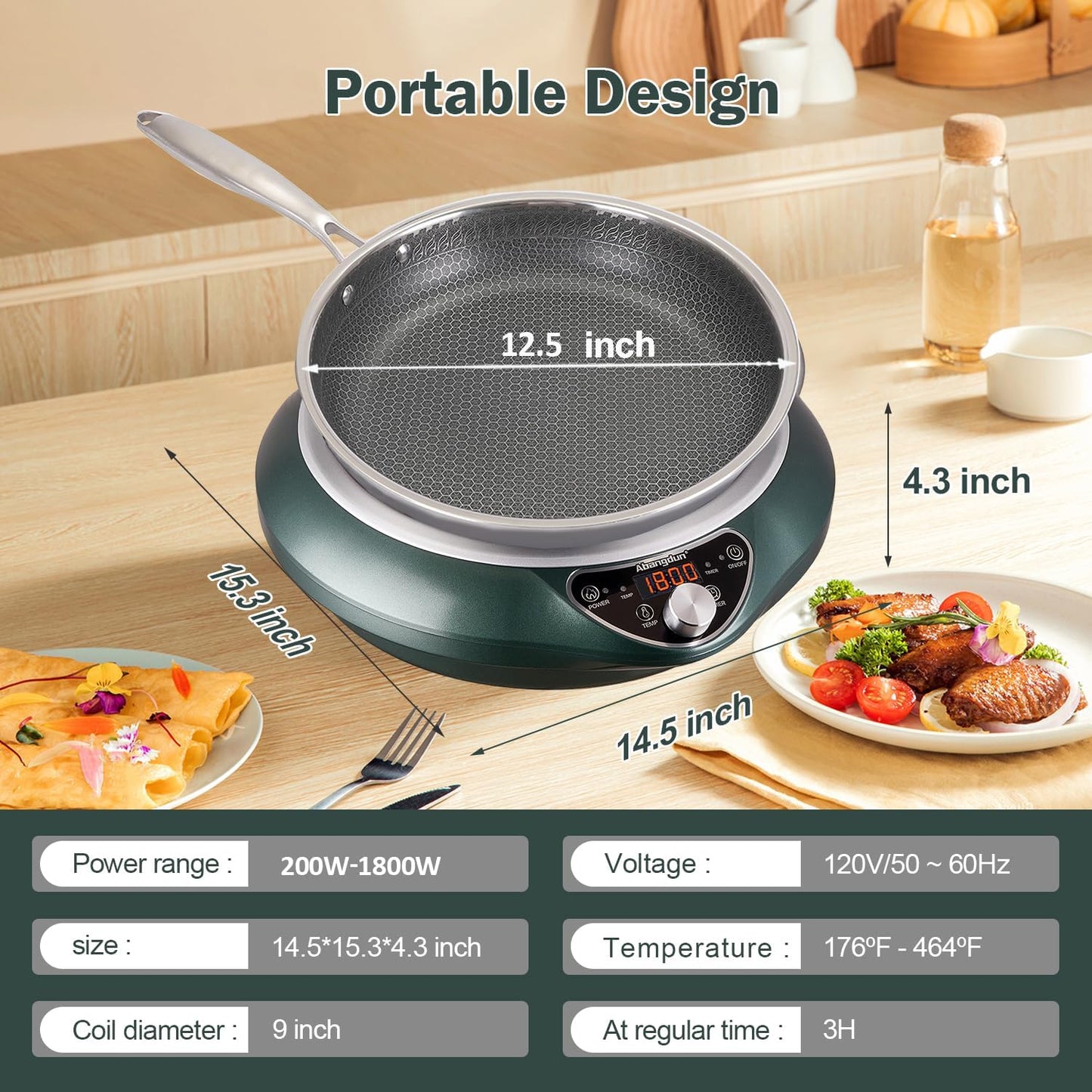 Induction Cooktop with Skillets1800W 120V Burner Cooker Nonstick Flat Pan Electric Stove Hot Plate Heat Evenly Fry Pan for Steak