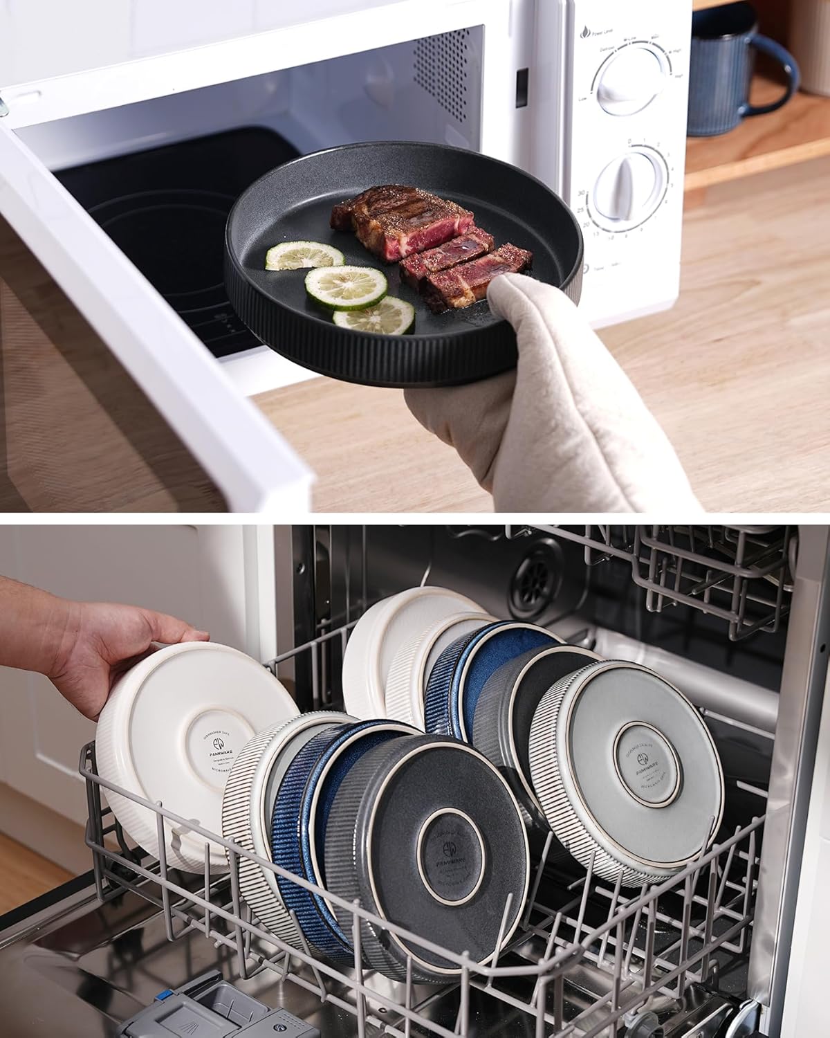 famiware Star 7.5" Pasta Bowls Set, Salad Bowl Set of 4, Double Reactive Glaze, Stackable, Perfect for Your Friend for Housewarming, Thanksgiving, Christmas, Dark Charcoal & White Full Glaze Matte