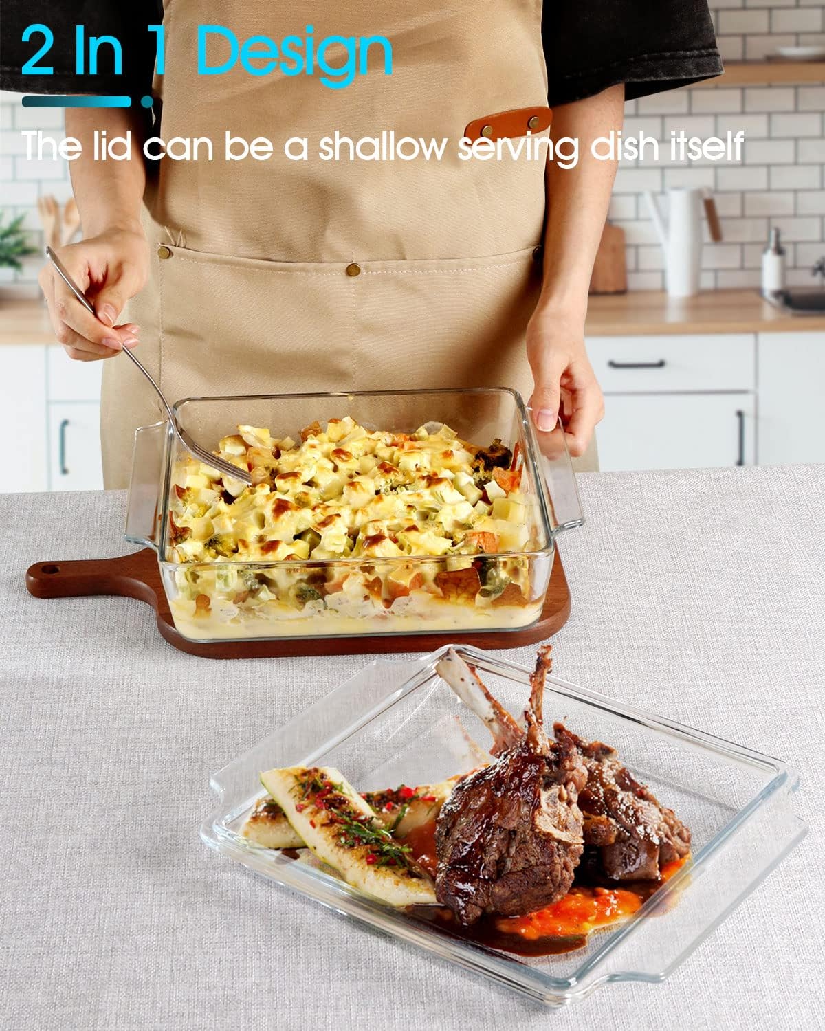 NUTRIUPS 8.5in x 8.5in Square Baking Dish Pans Glass Bakeware Glass Microwave Casserole Dish with Lid and Handles Microwave, Dishwasher, and Oven Safe Cookware