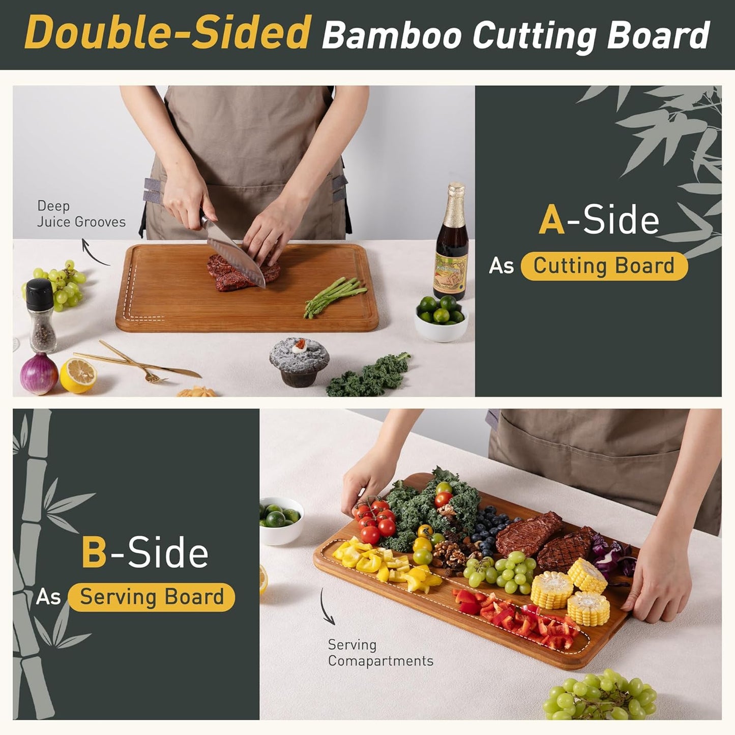 Extra Large Bamboo Cutting Board Over Sink Butcher Block Chopping Board Wooden Cutting Boards Solid Thick Juice Groove Big Xl XXl xlarge Kitchen Counter Organic Meat BBQ Kit(19.5" x 14" x 0.8")