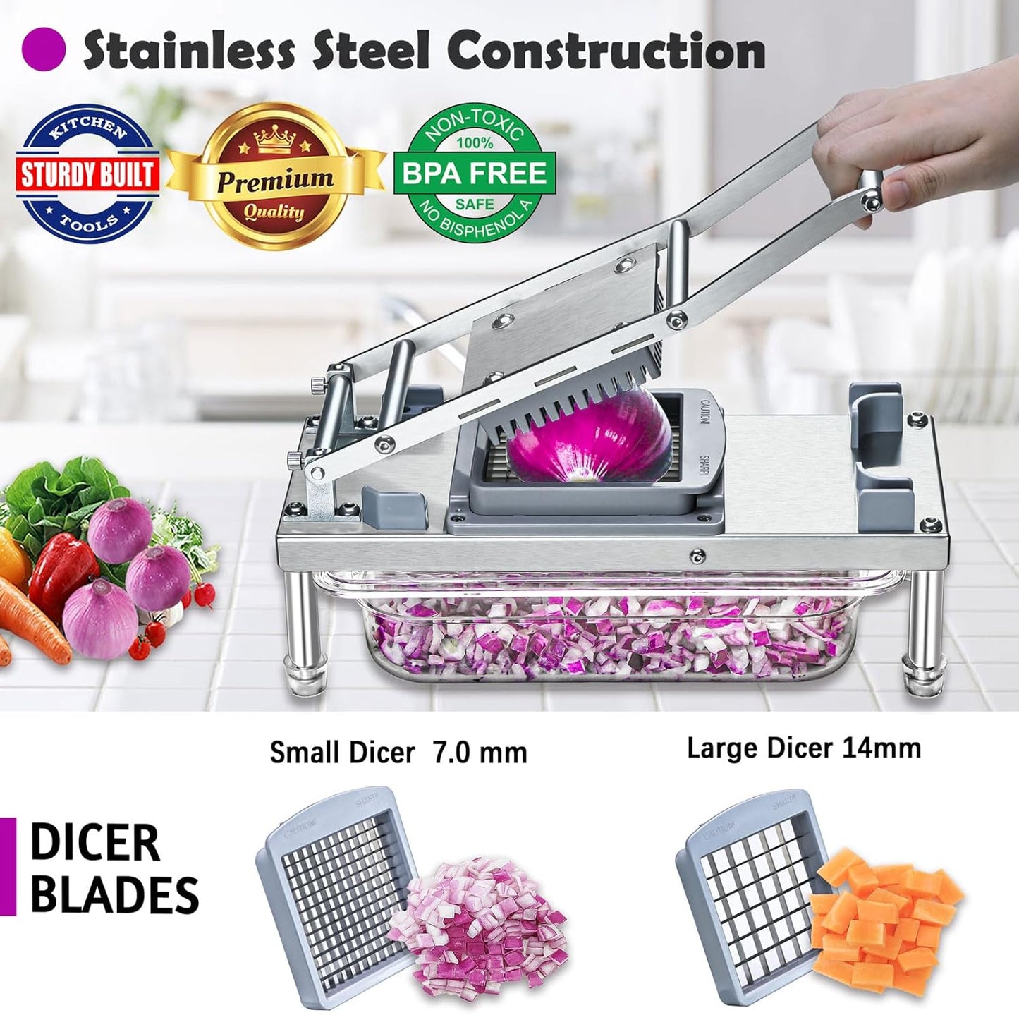 All-in-1 Vegetable Chopper with 8 Blades - Mandoline Slicer-Pro Food Chopper with Container - Veggie Salad Onion Chopper - Potato Dicer French Fry Cutter - Cheese Grater - Stainless Steel material