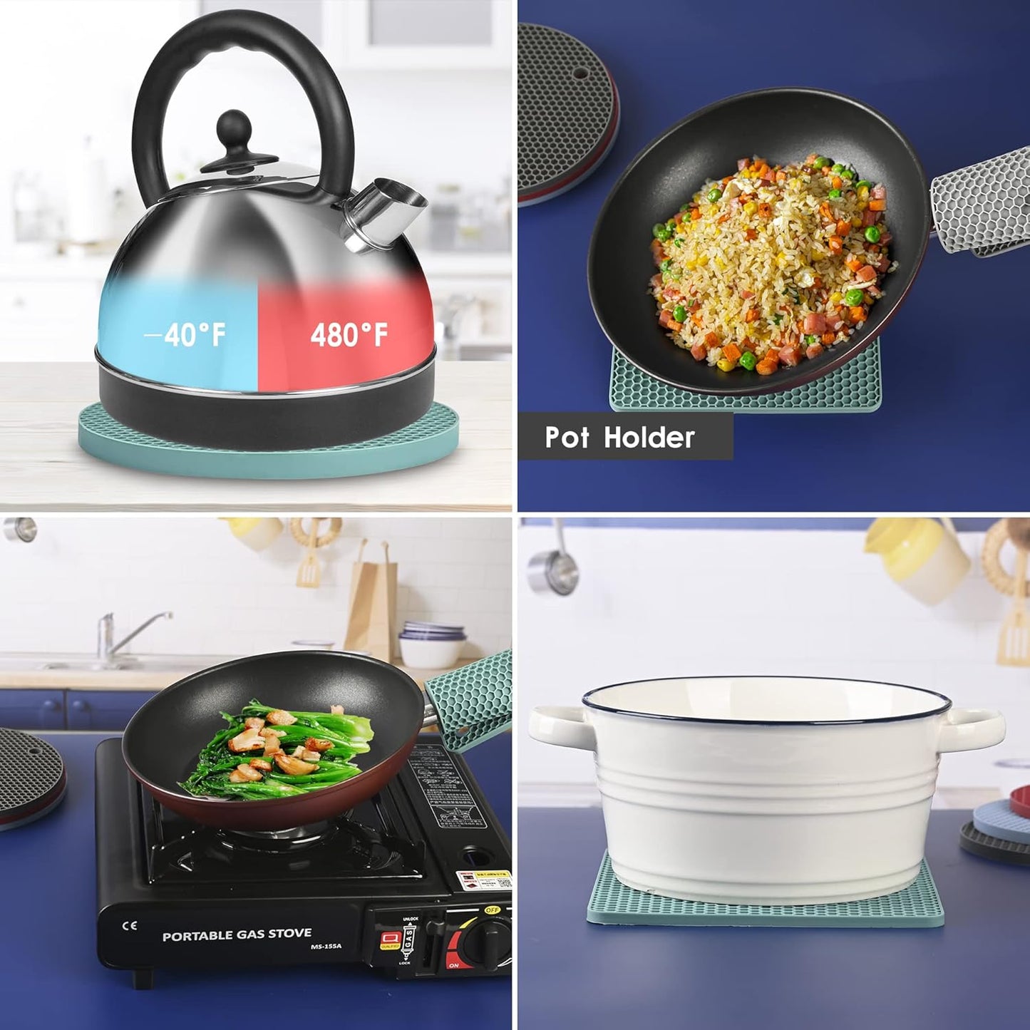 Silicone Trivets for Hot Dishes, Silicone Pot Holders for Tabletop, Trivet Mat Hot Pads for Kitchen, Trivets for Hot Pots and Pans, Heat Resistant Mats for Quartz Countertop Pad Set 4 Blue