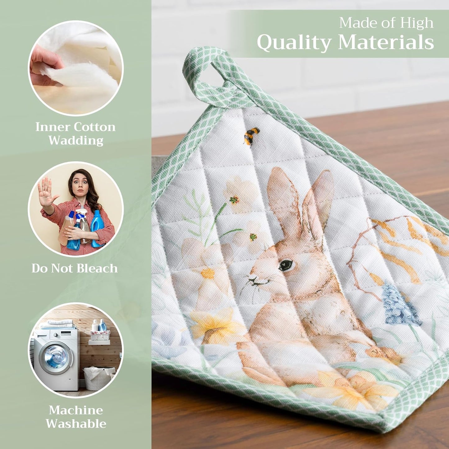 Maison d' Hermine Pot Holders Set 100% Cotton Heat Resistant Potholders 8" x 8" Hot Pads with Loop BBQ, Cooking, Baking, Grilling, Kitchen, Handling Hot Pans Spring/Summer (Pack of 2, Easter Dew)