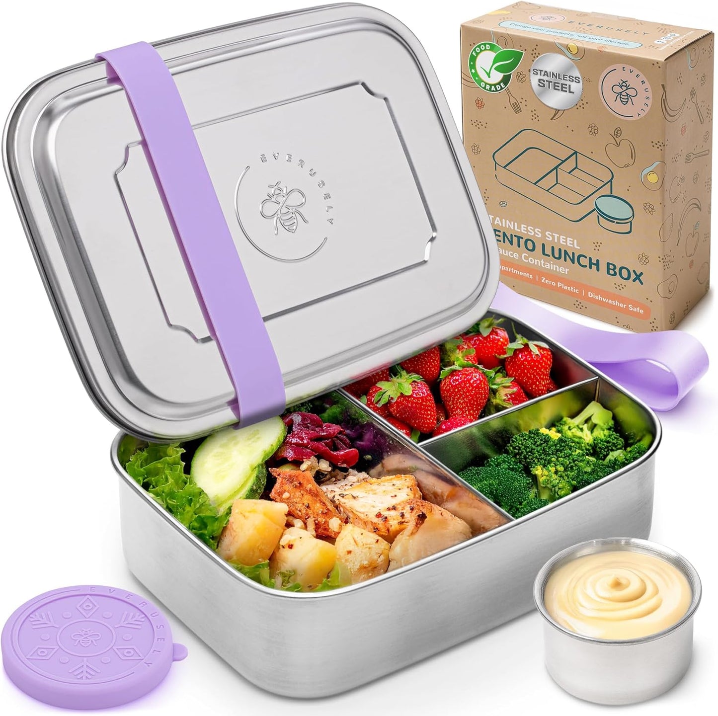Everusely - Bento Box - Lavender, 60oz / 1.8 L - Stainless Steel Lunch Box with Leakproof Condiment Container - 3 Compartment Snack Organizer for On the Go Meals - Freezer & Dishwasher Safe