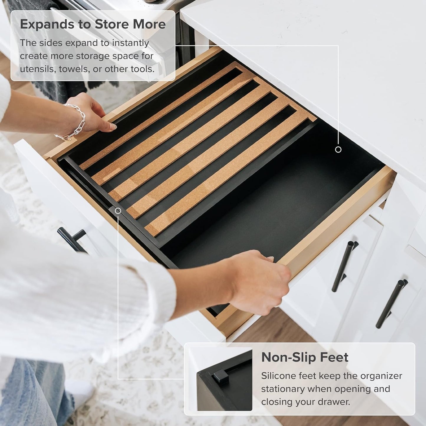 KitchenEdge Spice Drawer Organizer with Expandable Storage. Holds up to 15 Spice Jars (Not Included), Non-Slip Feet, Kitchen Accessory Storage, 100% Sustainable Bamboo Wood, Food-Safe Black Finish