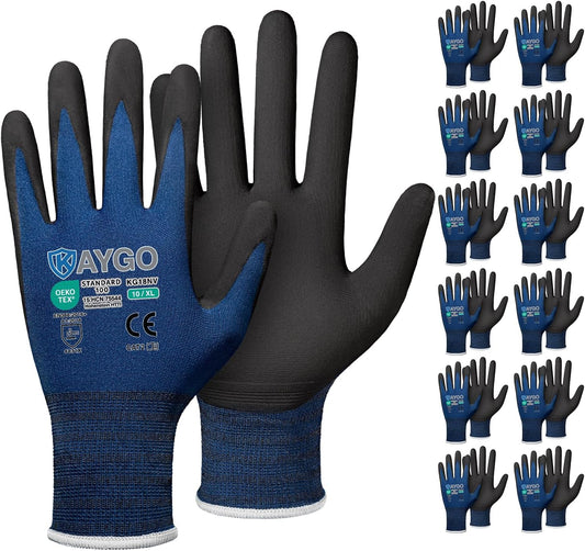 KAYGO Safety Work Gloves MicroFoam Nitrile Coated-12 Pairs, KG18NB,Seamless Knit Nylon Glove with Black Micro-Foam Nitrile Grip,Ideal for General Purpose,Automotive,Home Improvement, Dark Blue, XL