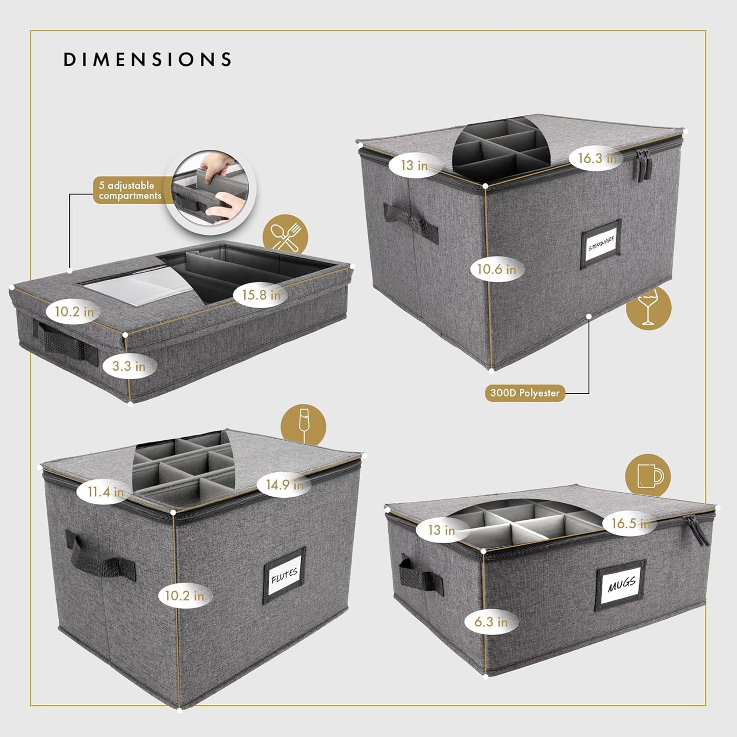 HOMELUX THEORY Champagne Flute Storage Box with Dividers, Hard Shell China Storage Containers, Heavy Duty Glassware Storage Box & Stemware Storage Container with Lid, Thick Surface, and Sturdy Handle