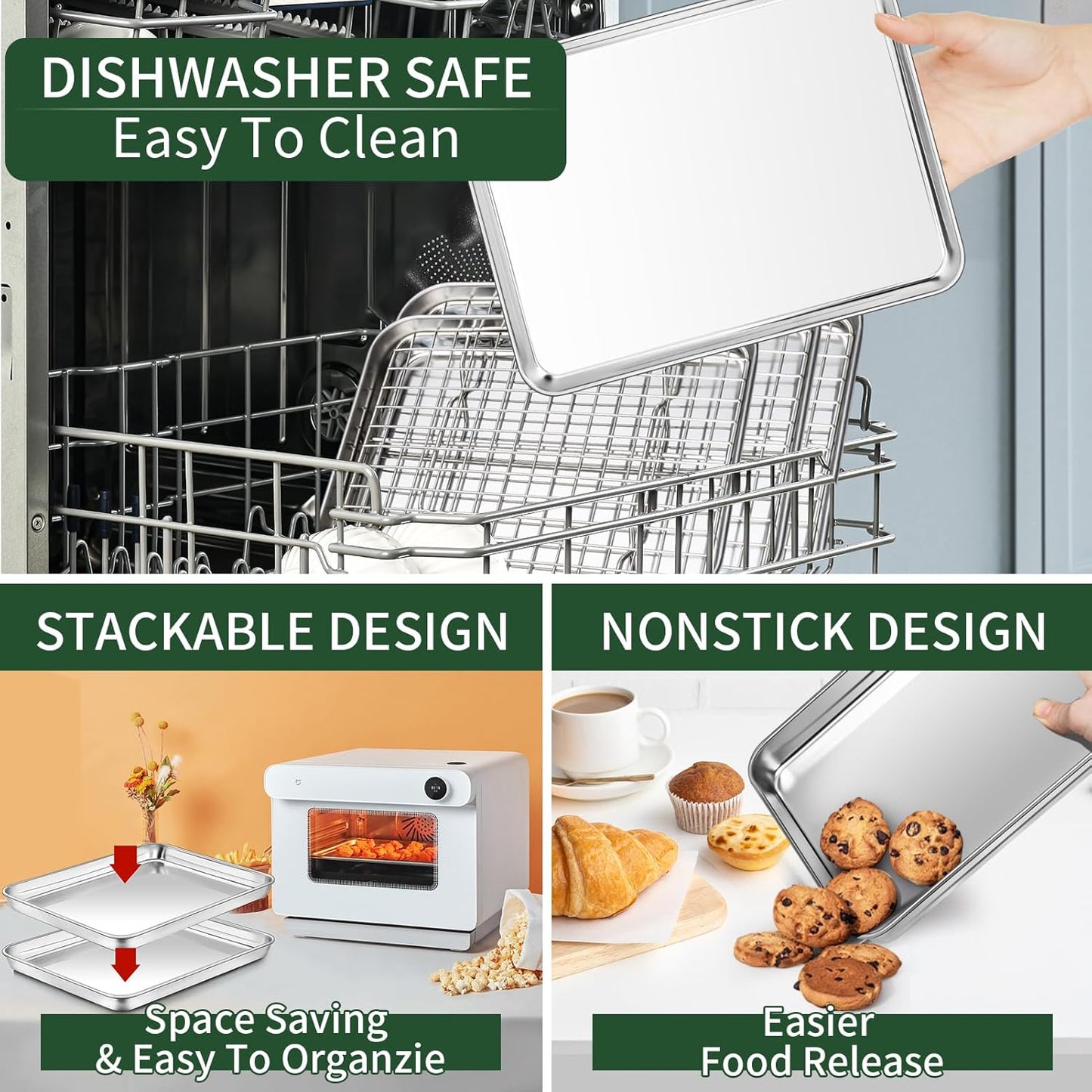 Baking Sheet with Wire Rack Set [2 Quarter Sheet Pans + 2 Wire Racks ], CEKEE Stainless Steel Cookie Sheets for Baking with Baking Rack, Non Toxic & Heavy Duty & Easy Clean, Size 12 x 10 x 1 Inch