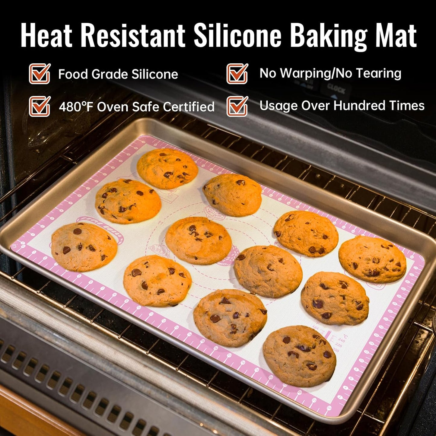 Non Slip Silicone Baking Mat With 10 Useful Recipes, Non Stick Dough Mat for Rolling Out, Silicone Mat for Baking,Cookie, Macaron, Pizza, Surdough, Extra Large and Oven Safe