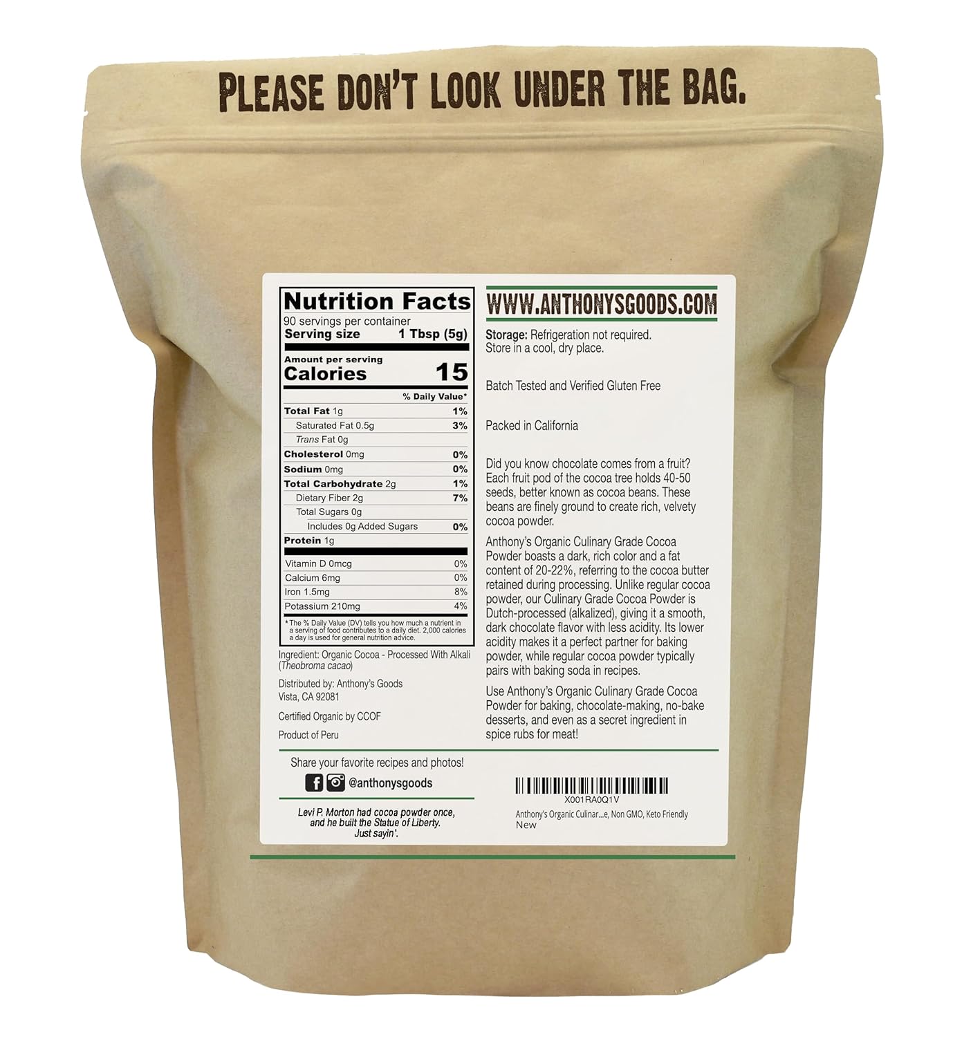 Anthony's Organic Culinary Grade Cocoa Powder, 1 lb, Dutch Processed Baking Cocoa, Gluten Free, Non GMO, Keto Friendly