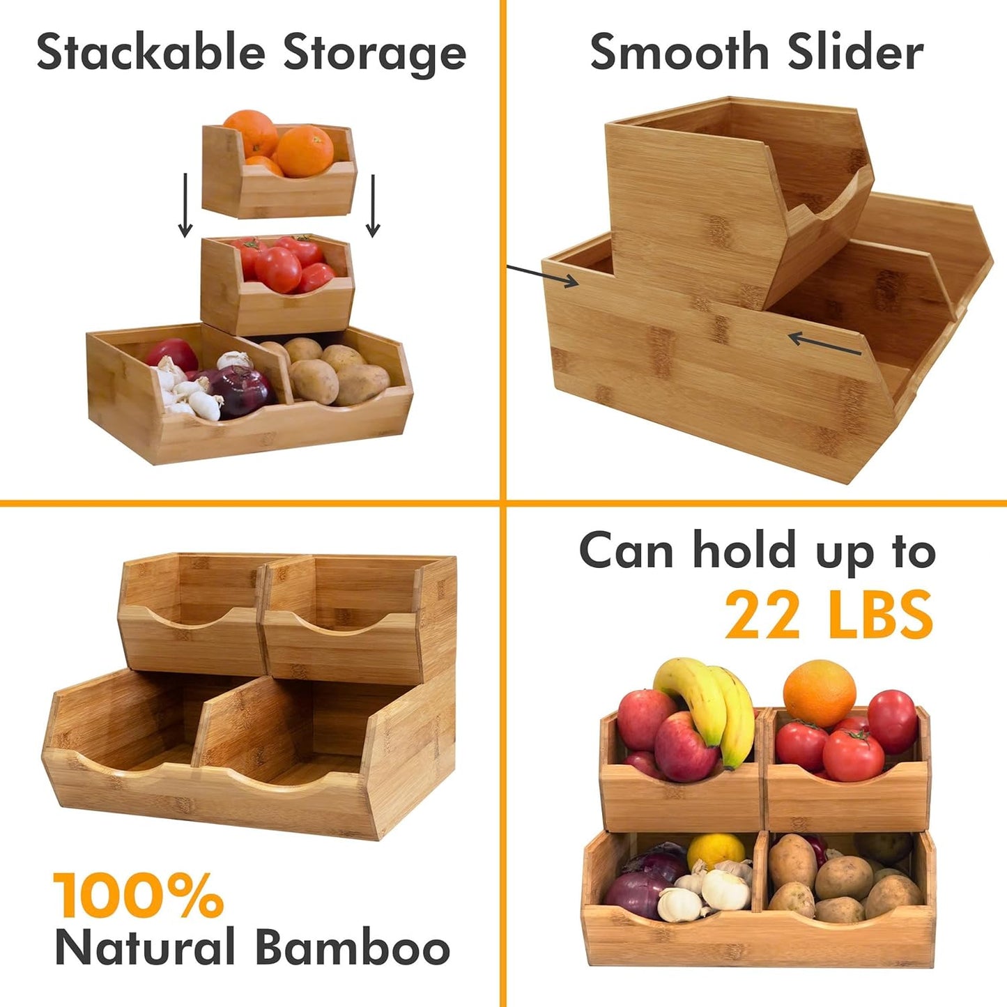 HOMESTEAD Bamboo Pantry Storage Bins - Stackable Baskets, Potato and Onion Storage for Pantry Organization, Set 3 Pieces