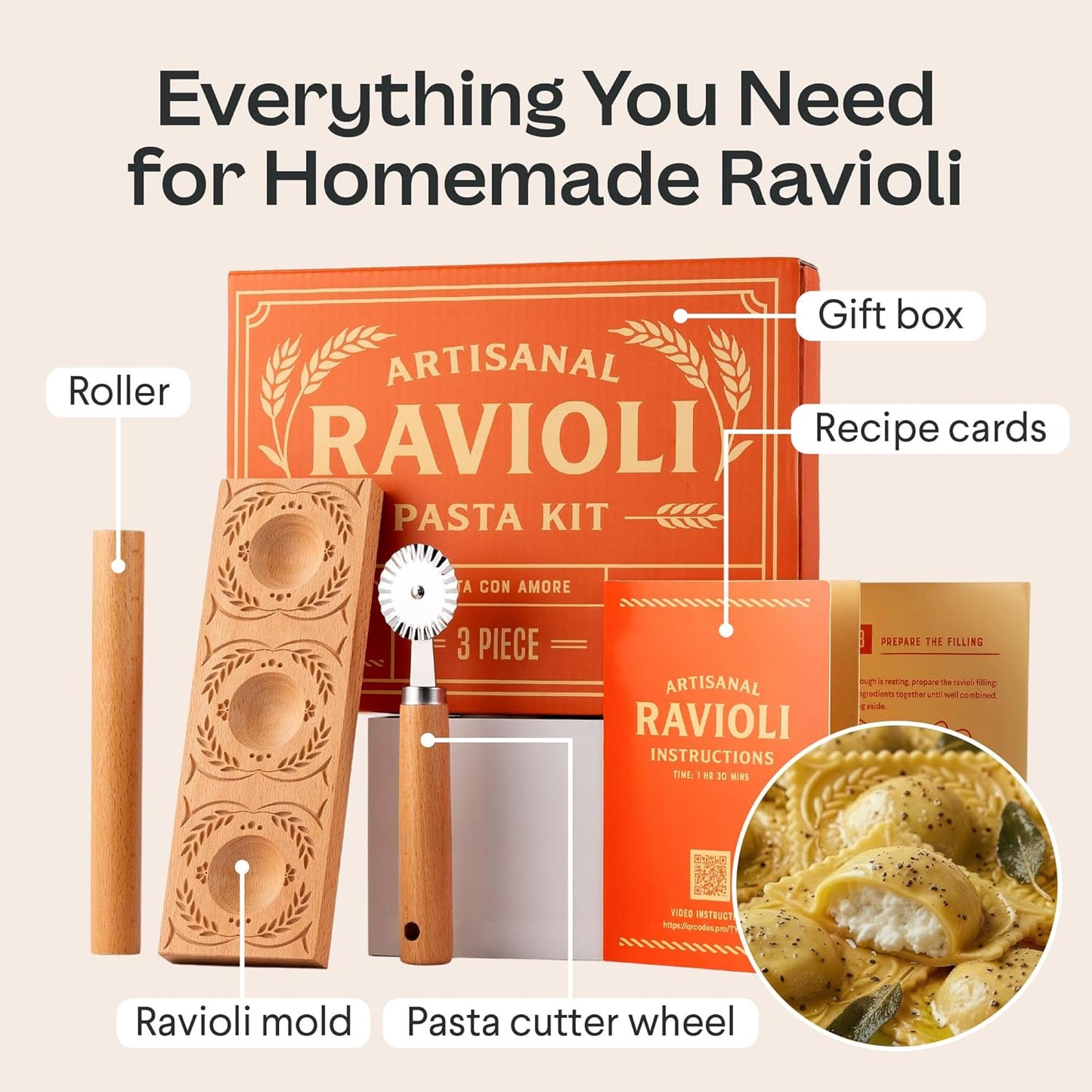 Cooking Gift Set Co. Artisanal Ravioli Maker Press, Wooden Ravioli Mold & Pasta Maker, Ravioli Press, Pasta Cutter Wheel, Ravioli Maker Tool, Guide Pasta Making Tools Set for Homemade Pasta (3 Piece)