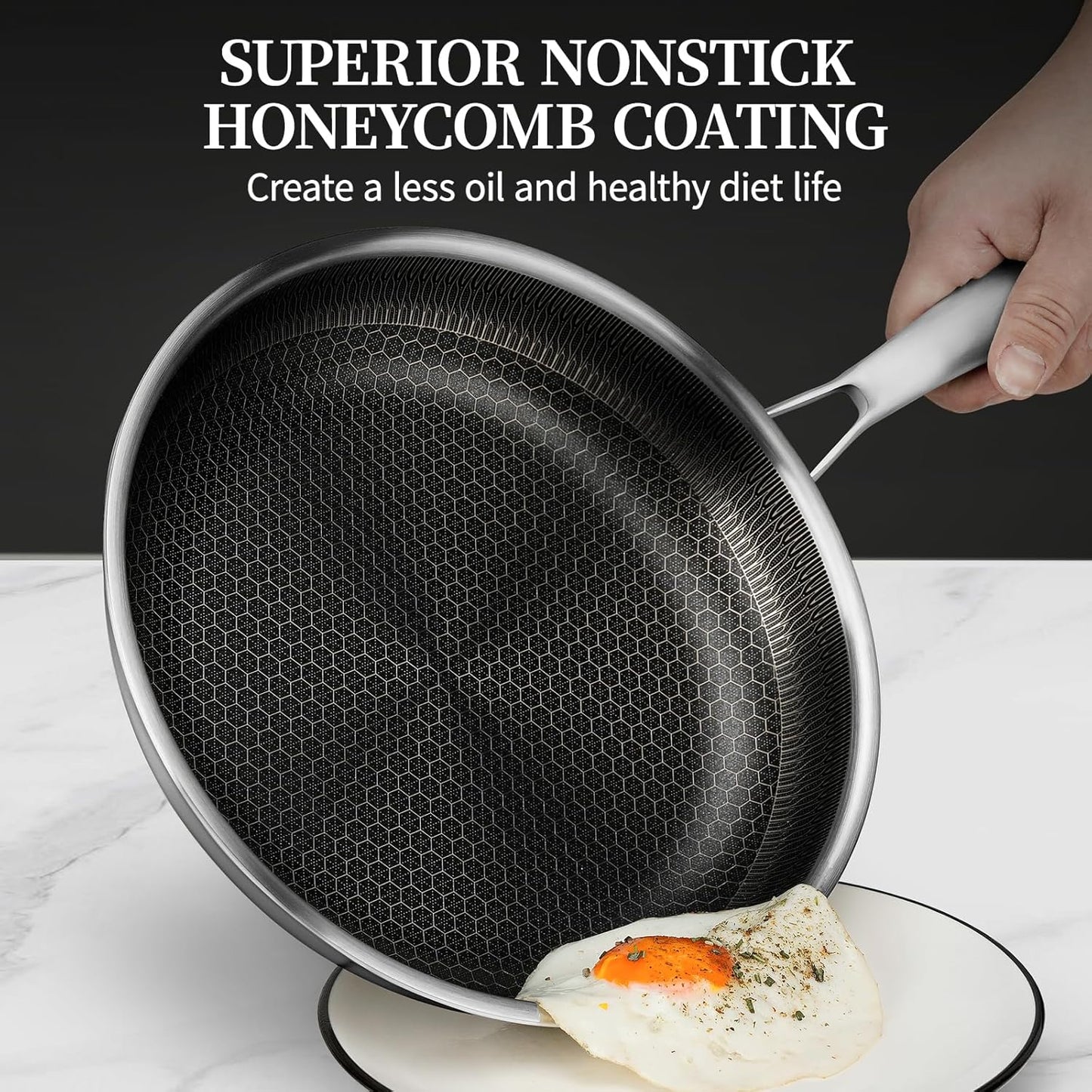 Stainless Steel Frying Pan with Lid, 8 Inch Honeycomb Non Stick Frying Pan, Small Stainless Steel Nonstick Pans W/Lid, Safe Nonstick Skillet Egg Omelete Pans, Oven Safe, Induction Compatible,PFOA Free
