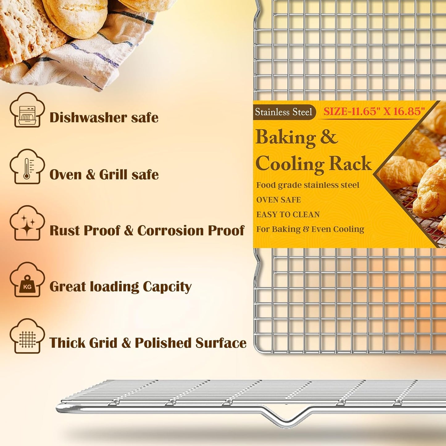 2PCS Cooling Racks for Cooking and Baking -11.65''x16.85''Heavy Duty Stainless Steel Wire Rack for Baking, Grilling, Roasting - Oven & Dishwasher Safe - Fits Half Sheet Pan（Silver）