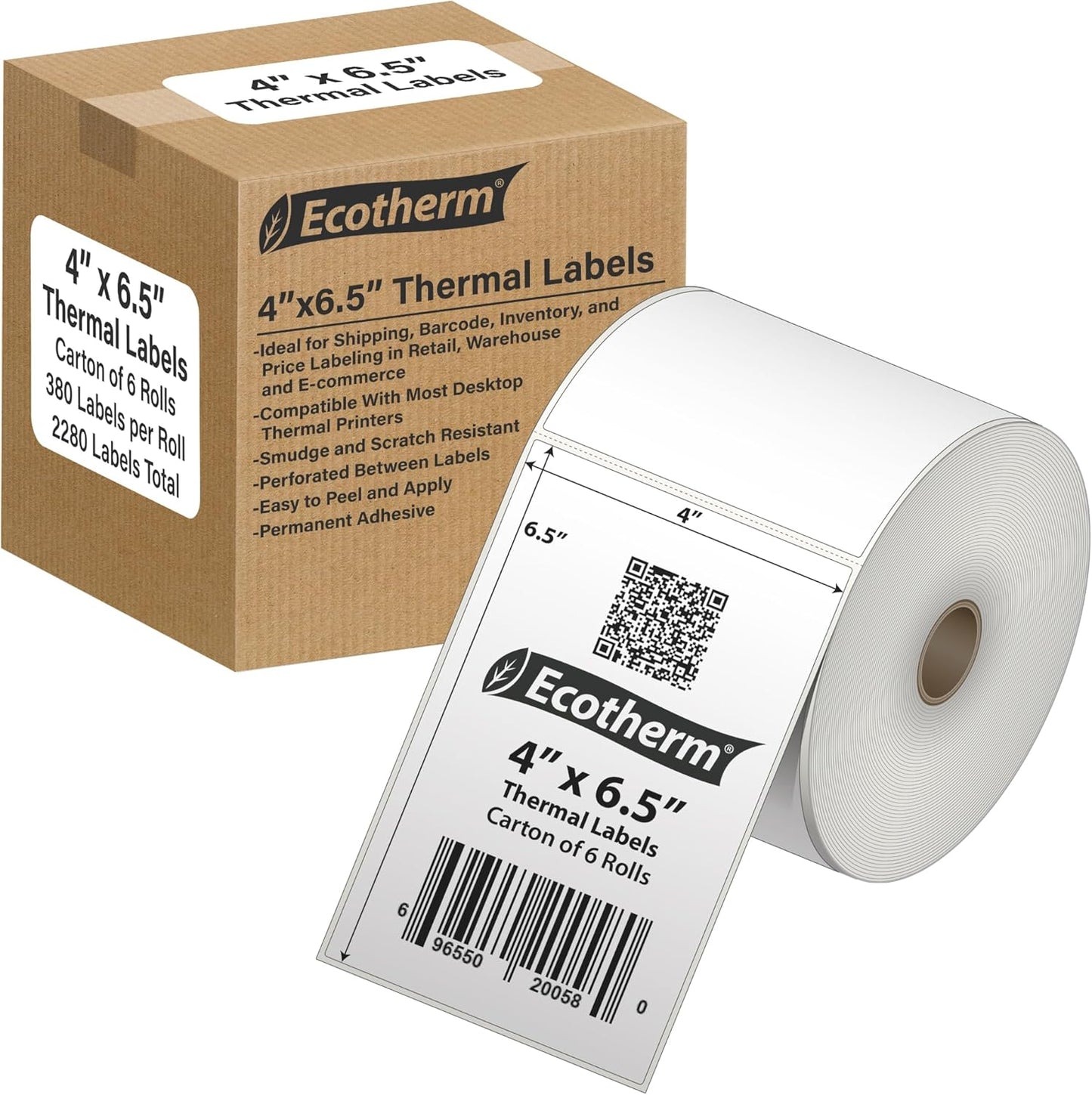 4" x 6.5" Thermal Labels | 6 Rolls | 2280 Labels | fits Zebra, Munbyn, Rollo, Godex, Arkscan, iDPRT, Offnova Thermal Label Printers and More | Blank White Adhesive Stickers by Ecotherm