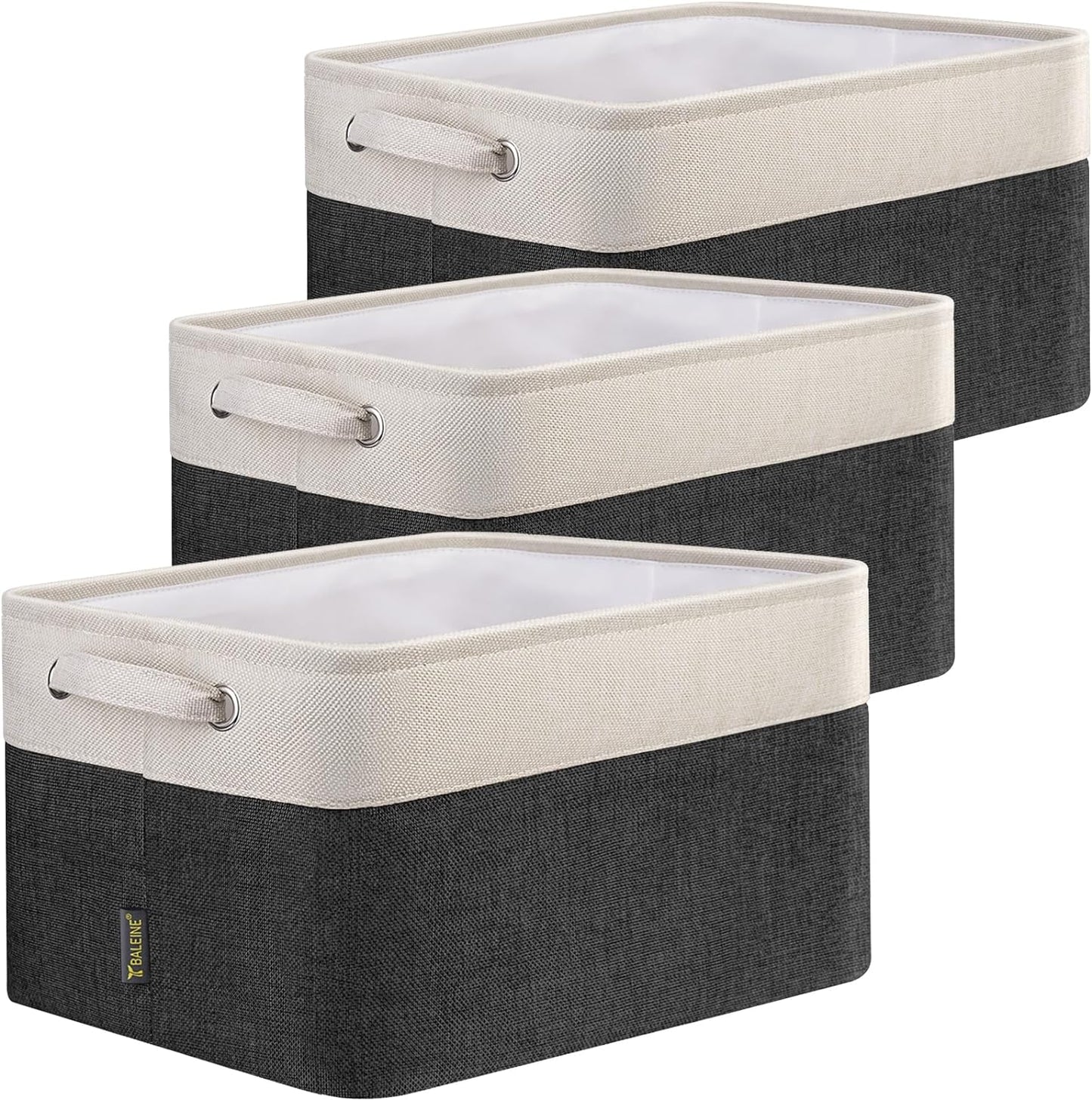 BALEINE 3 Pack Fabric Storage Bins for Shelves, Linen Storage Baskets for Organizing, Decorative Closet Bins for Clothes, Home (Black, 12"x8"x8")