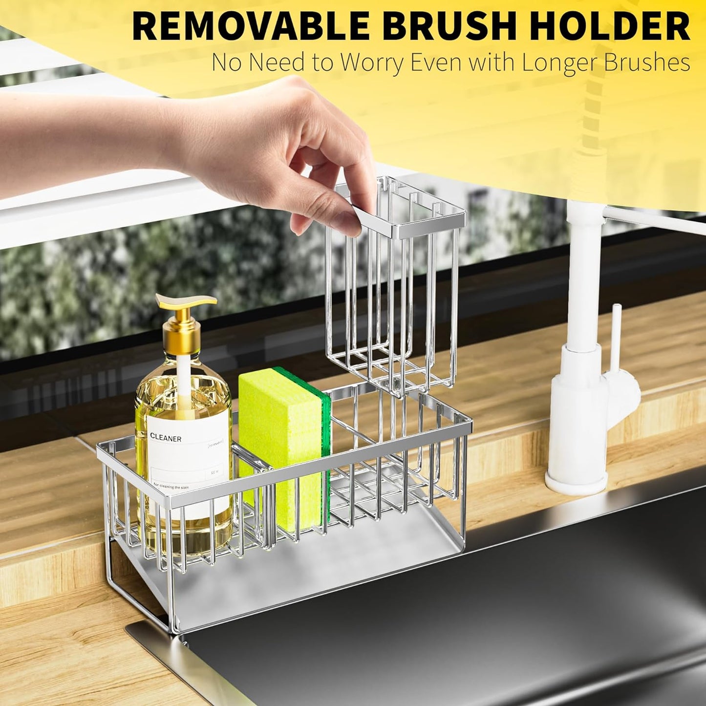 Cisily Sink Caddy Sponge Holder for Kitchen, 304 Stainless Steel Rustproof, Kitchen Sink Caddy with High Brush Holder, Dish Sponge Organizer with Divider(Silver)