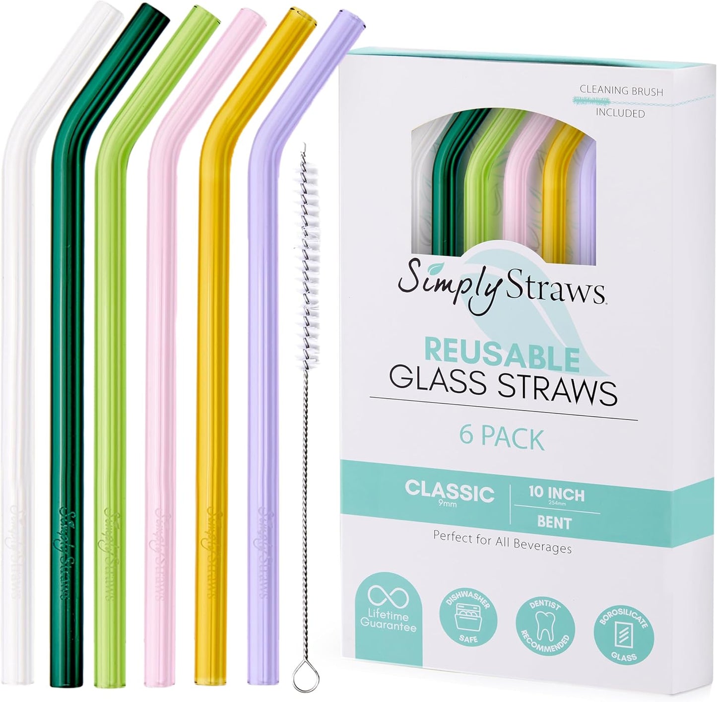 Simply Straws 10 Inch Glass Straws Bent (6-Pack) – Reusable Glass Straws for 24 Oz Mason Jars & Tumblers, with Cleaning Brush – Durable, Dishwasher Safe, Hot & Cold Use, BPA-Free (Meadow)