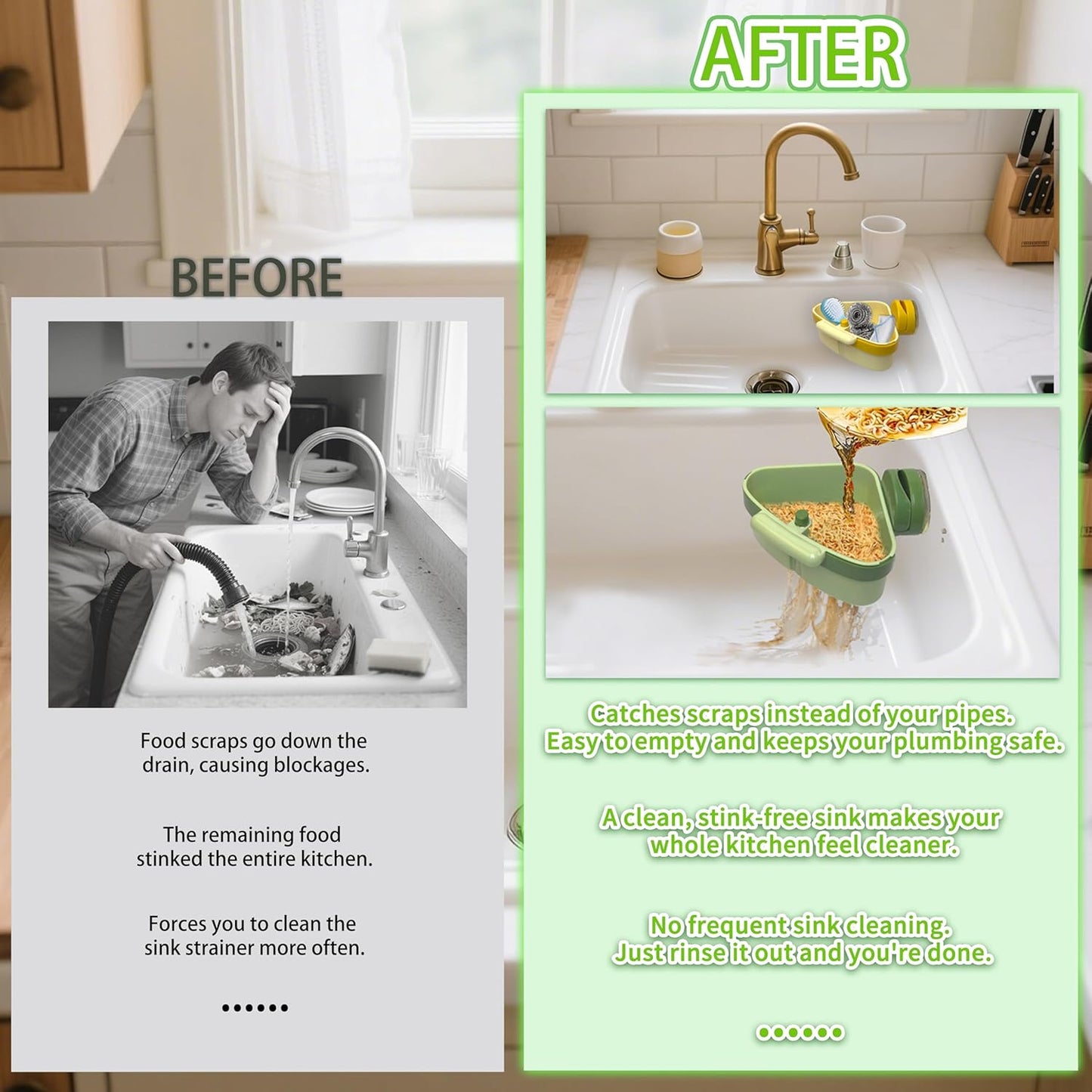 Sink Corner Strainer Basket | Suction Cup Press Sink Drainer Basket | Automatic Dumping Sink Strainer Basket | Faucet Sponge Storage Rack | Trash Catcher for Food Waste (Green)