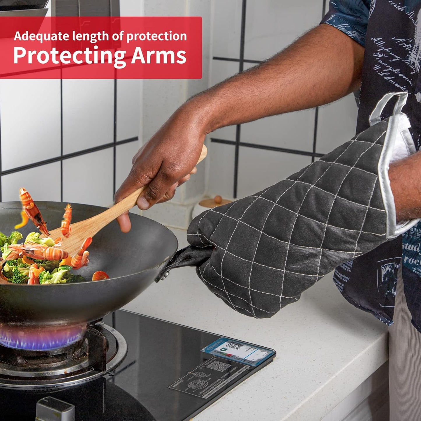 Oven Mitts Flame Retardant Mitts Heat Resistant to 425 °F 15 Inch Kitchen Mitt Black Color 2-Pack