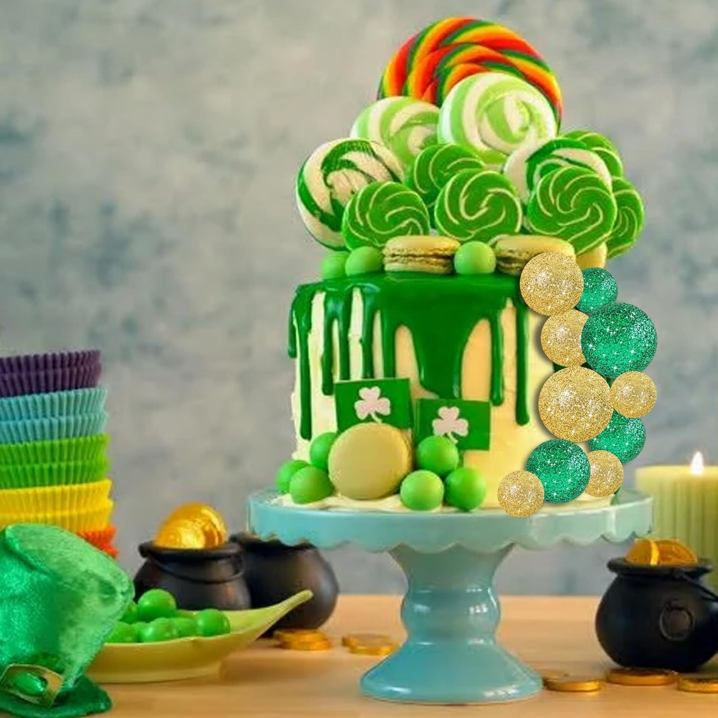 BEISHIDA 40 Pcs Ball Cake Toppers Mini Balls Cake Decorations Green Gold Foam Balls Sticks DIY Cake Topper for Baking Congrats Grade 2025 Graduation Birthday St Patrick's Day Decorations (Green Gold)