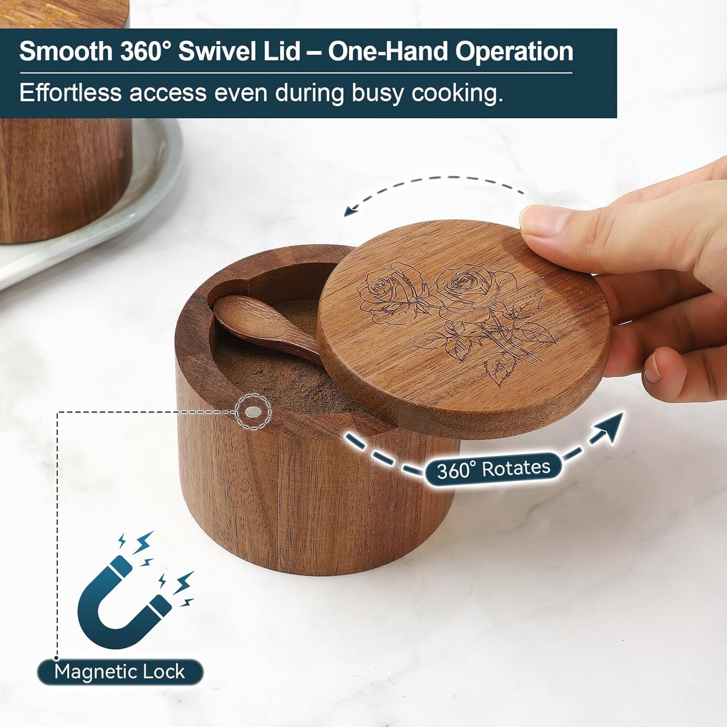 Salt Cellar, 2PCS Salt Container Acacia Wood Salt and Pepper Box for Countertop with Built-in Spoon & Swivel Lid, Wood Salt Holder Bowl for Kitchen, Seasoning Storage (Rose & SALT Engraving)