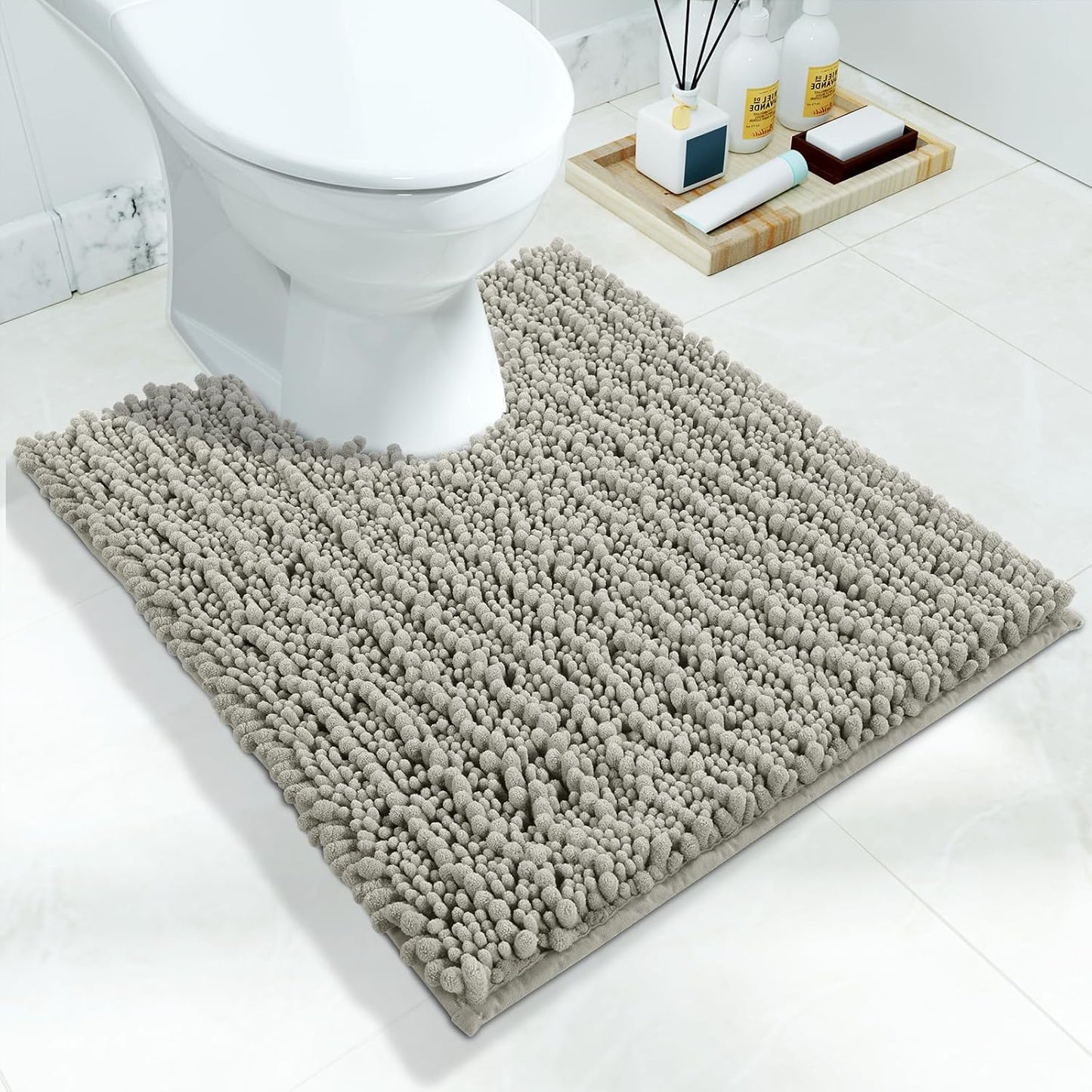 Yimobra Toilet Rug U Shaped Washable 24x20 Inch - Ultra Soft Absorbent Chenille Bath Rugs for Toilet, Quick Dry & Machine Washable, Non Slip Contour Bathroom Mat, Sand