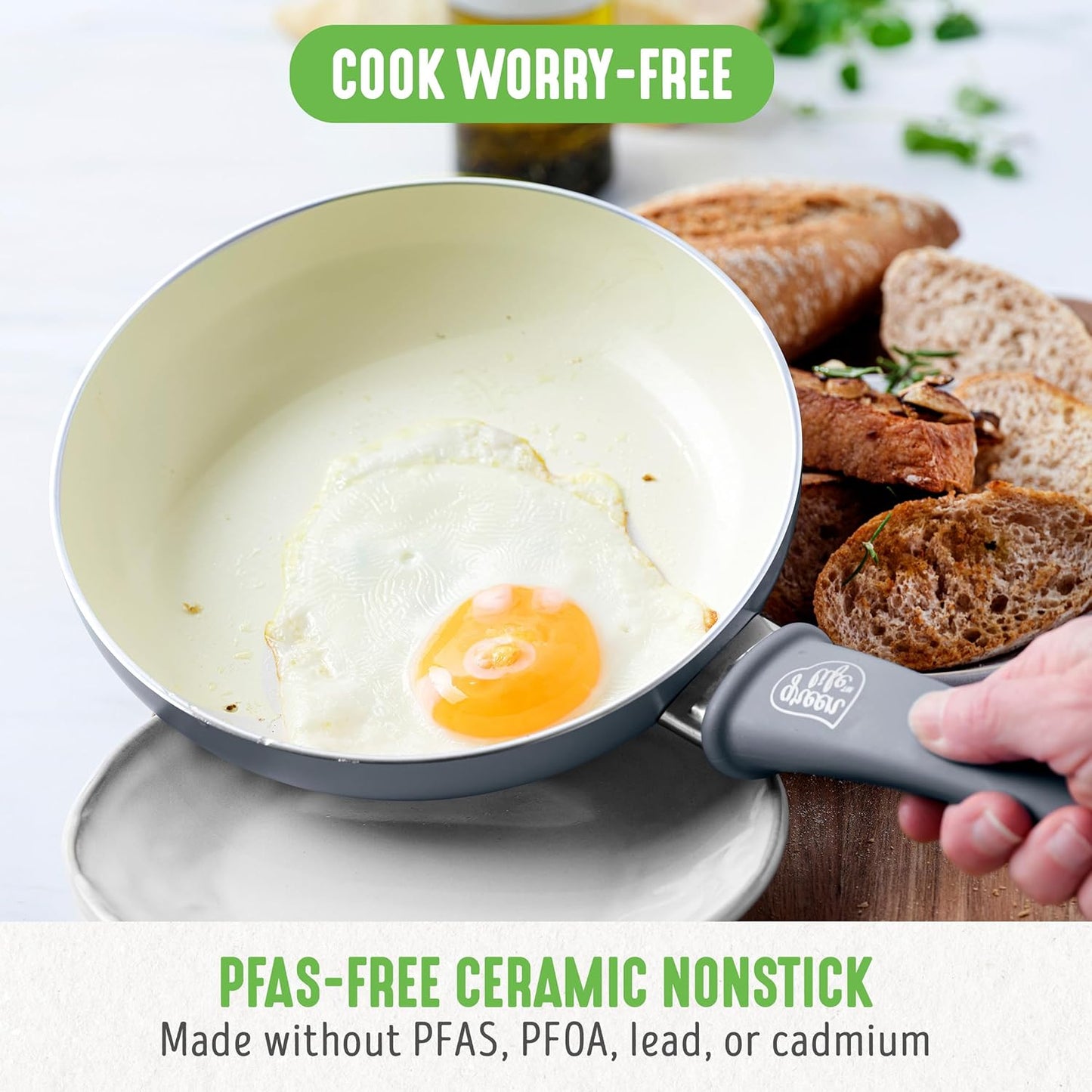 GreenLife 16 Piece Nonstick Cookware Set, Soft Grip Non-Toxic PFAS-Free Ceramic Pots & Pans, Dishwasher & Oven Safe, Frying, Sauce, Saute, Utensils, Glass Lids, Stay-Cool Handles, Wobble Free, Gray