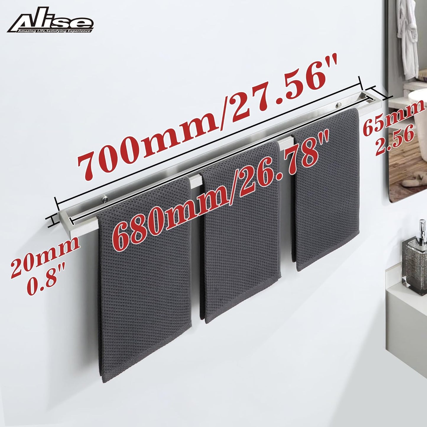 Alise Bath Towel Bar,Wall Mount Towel Holder Towel Rack Towel Hanger for Bathroom Lavatory,28 Inch SUS304 Stainless Steel Towel Rail,Brushed Finish GJF070-LS