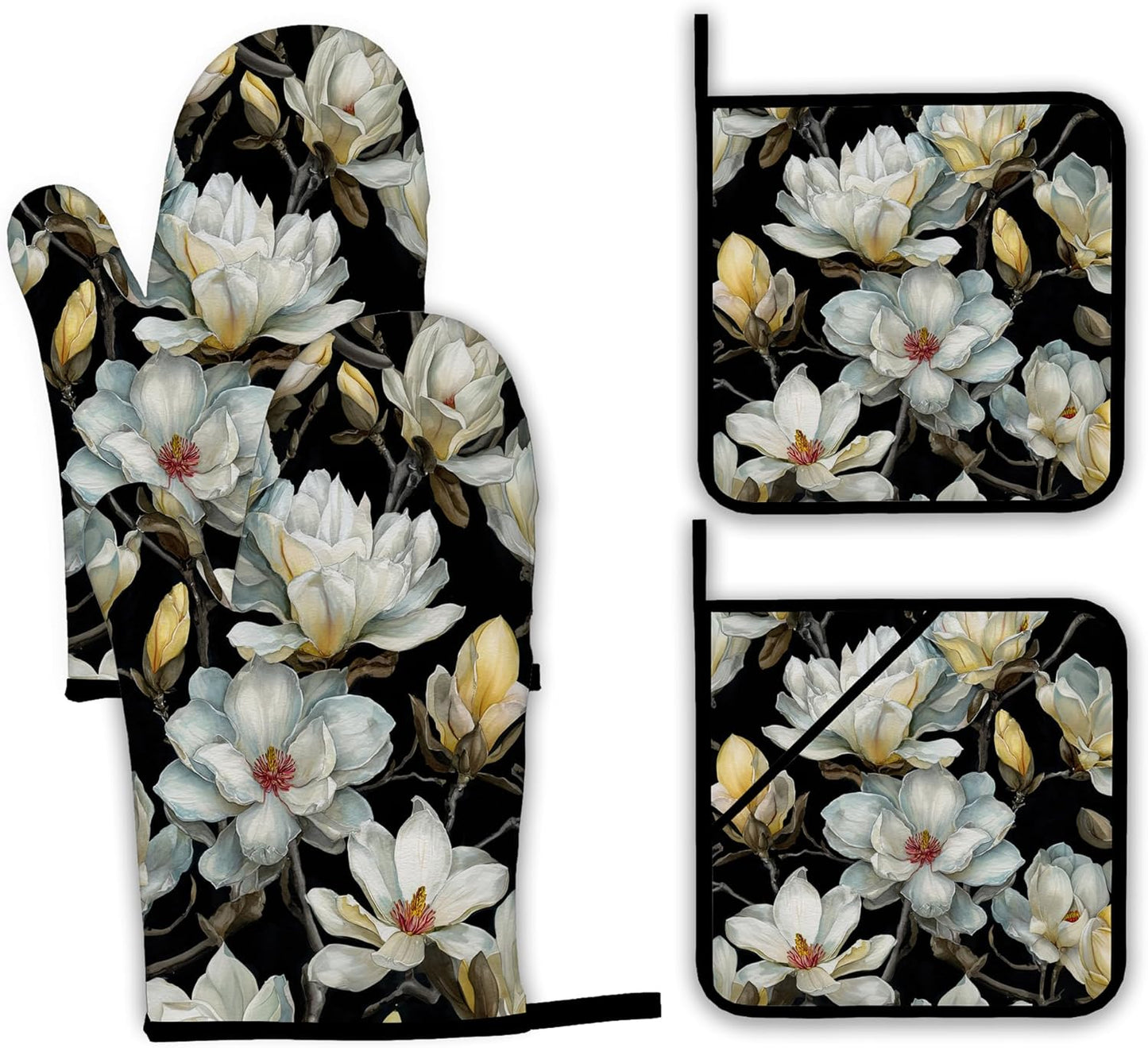 Vintage White Magnolia Oven Mitts and Pot Holders,Heat Resistant Oven Mitts Gloves and Pot Holder for Home Kitchen Decorations Cooking Baking BBQ Gifts,Set of 4