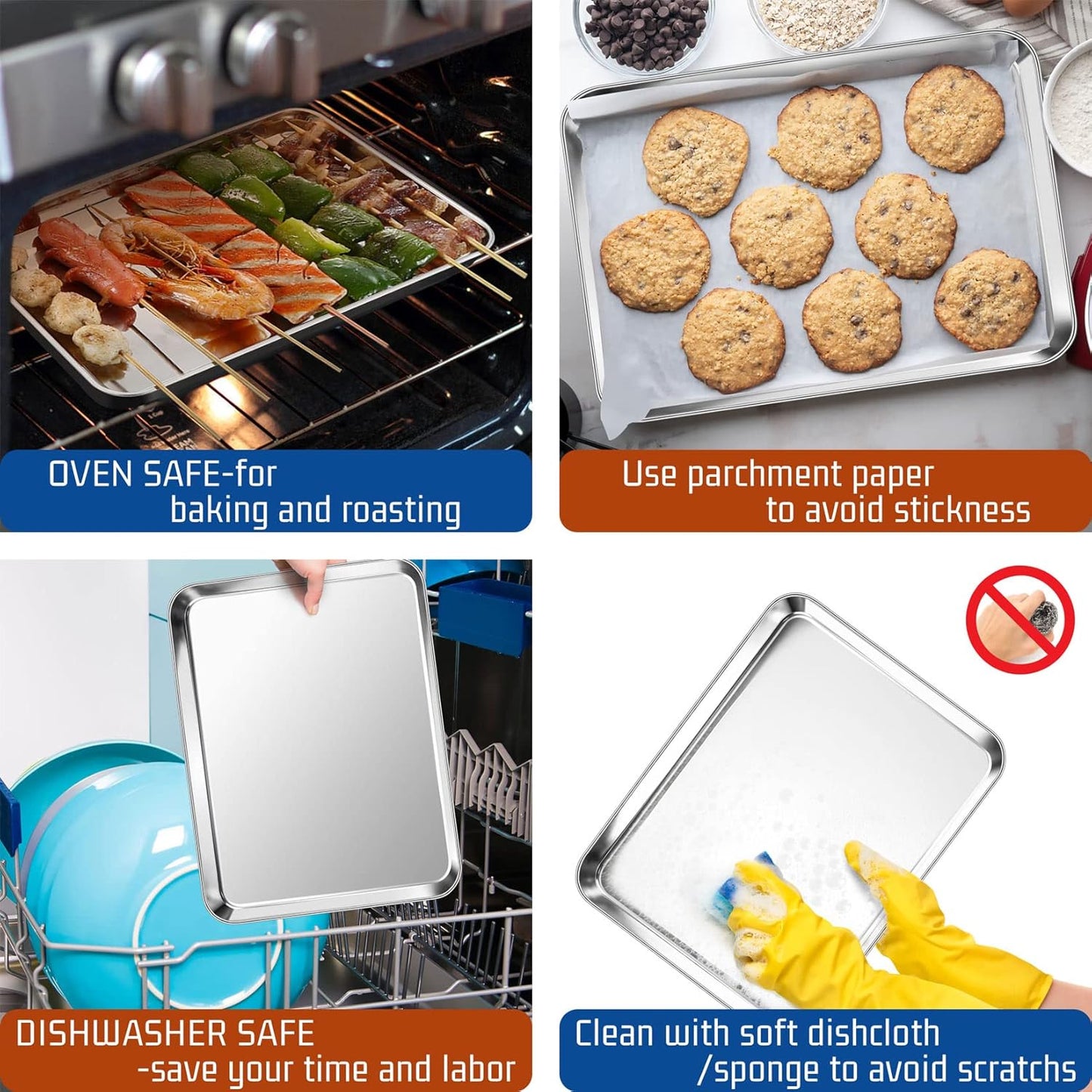 P&P CHEF 12.5 Inch Baking Cookie Sheet, Oven Pan Tray Stainless Steel Sheet Pan for Kitchen, Oven Bakeware for Multi Uses, Shiny Look & Dishwasher Safe, Healthy & Heavy Duty, 4Pcs