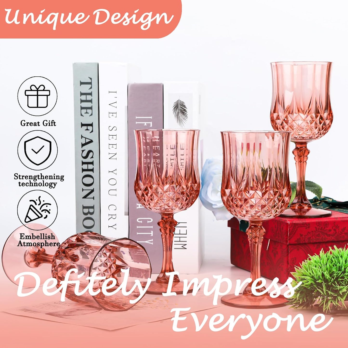 Plastic Wine Glasses，Plastic Goblets Vintage Style Cordial Drinking Glasses for Wedding Reception, Grand Event Party Supplies (48, Rose Gold)