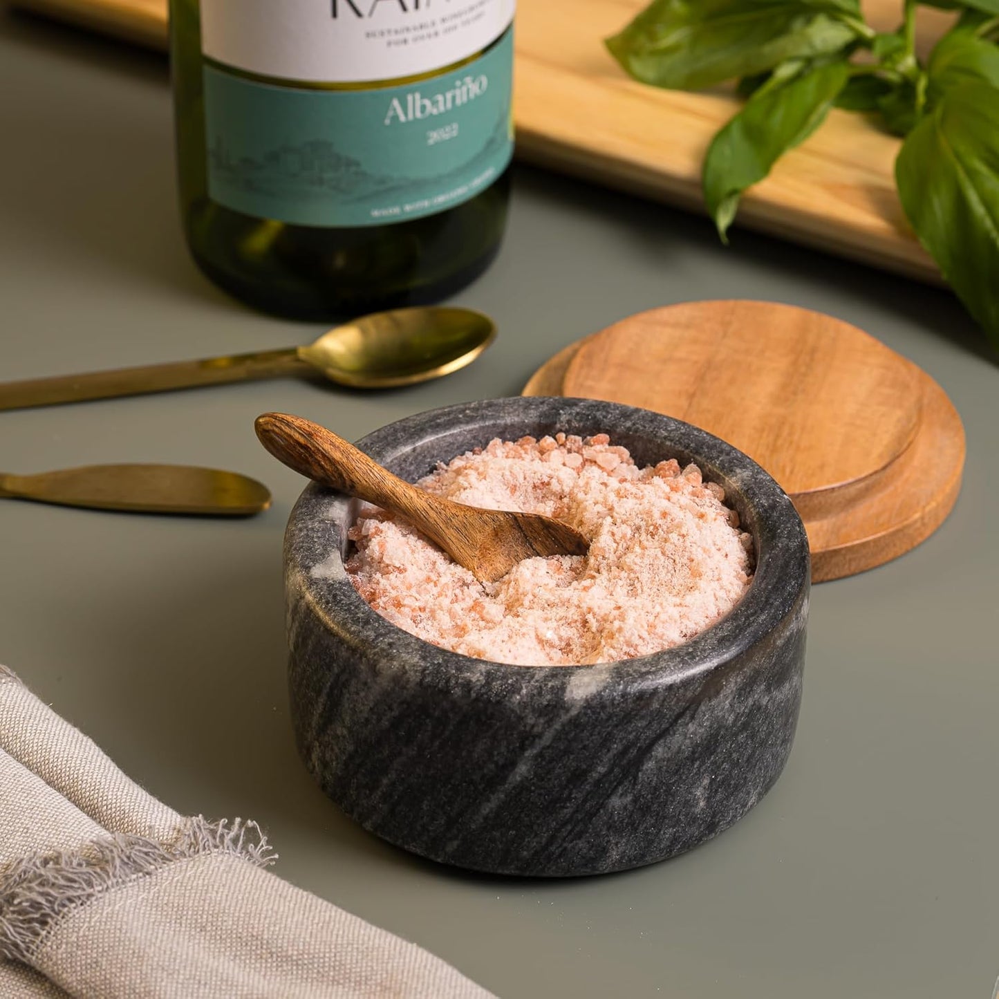 Cork & Mill Grey Marble Salt Cellar with Acacia Wood Lid and Spoon - Elegant Modern Salt Container for Countertop - Handcrafted Pepper Pot - Wide 4” Pepper Holder with Non-Skid Feet