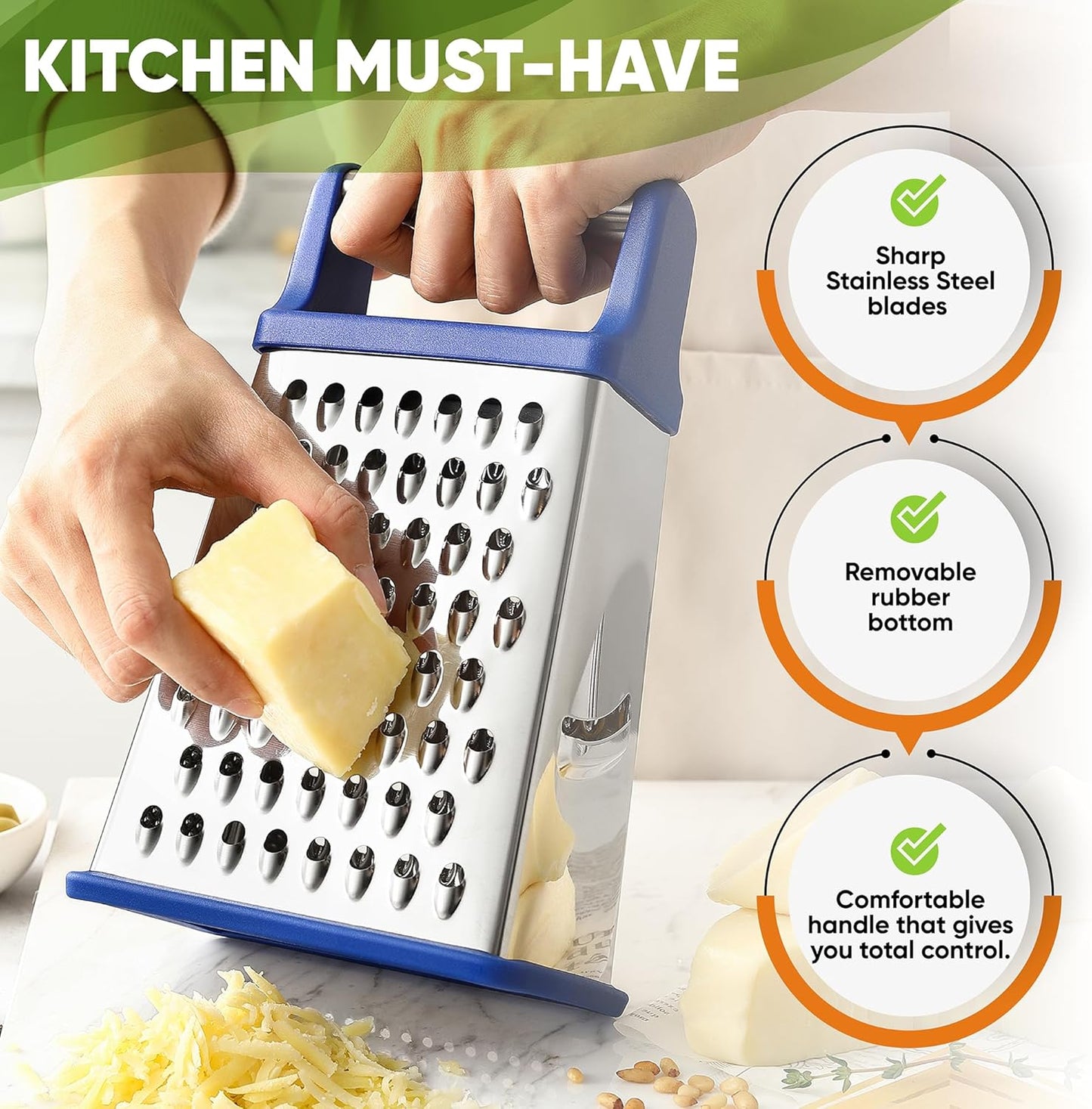 Spring Chef Stainless Steel XL Parmesan Cheese Grater with Handle - 4 Sided Metal Box Grater for Kitchen - Dishwasher Safe Potato Shredder for Hash Browns, Potato, Carrot, Vegetables - Sapphire