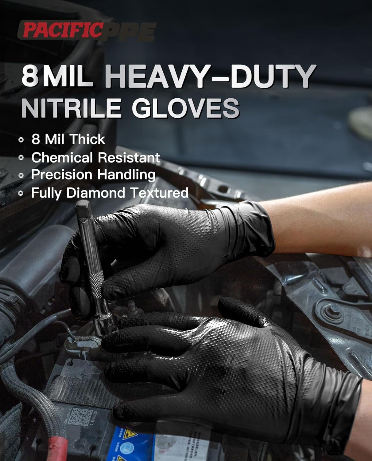 PACIFIC PPE 8 Mil Heavy Duty Black Nitrile Gloves, Food Safe, Latex Free, Mechanic, Fully-Diamond Textured Grip Industrial Disposable Gloves, X-Large